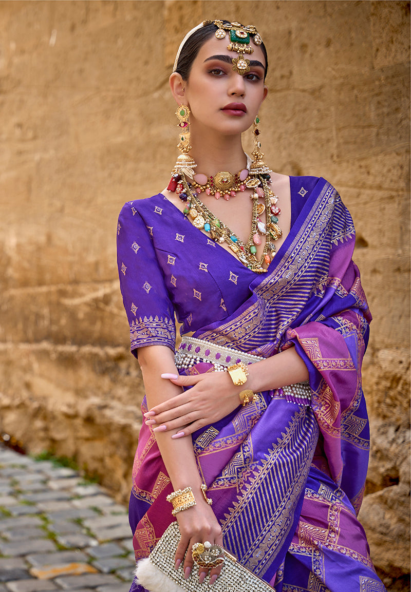 Purple Silk Saree with Intricate Zari Woven Borders