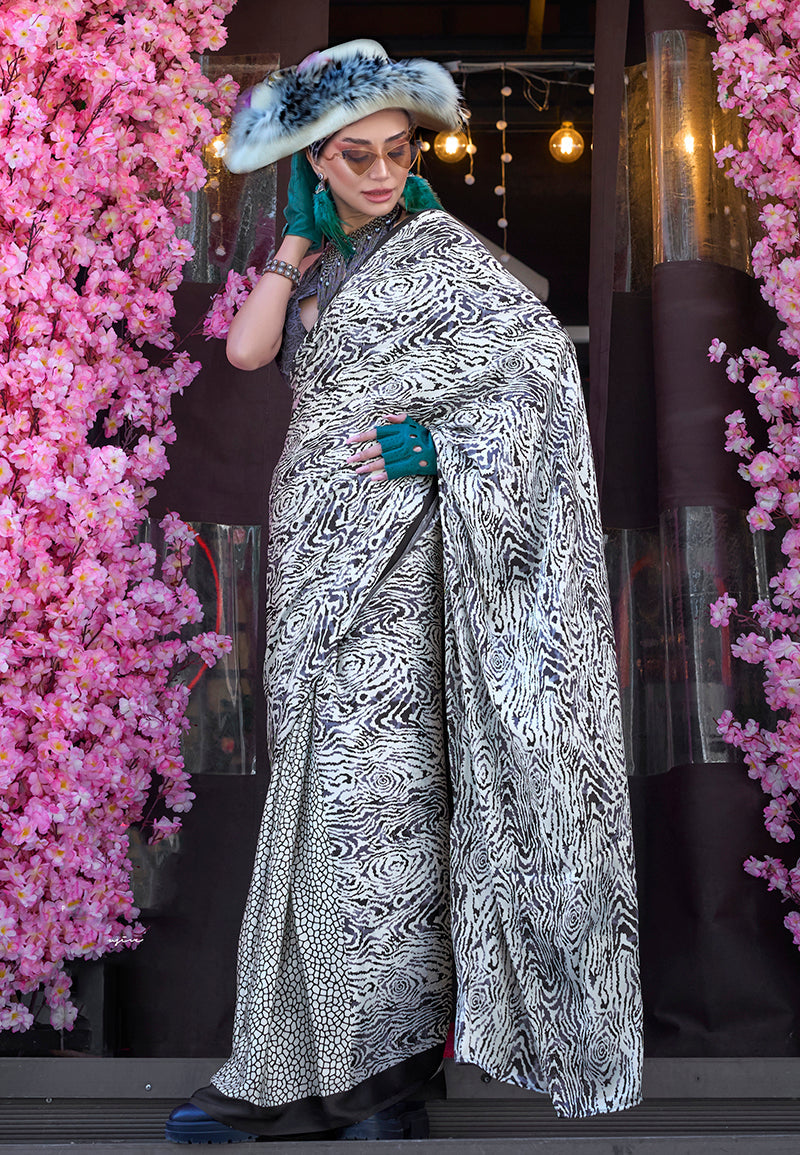 Black & White Soft Shine Printed Satin Silk Saree