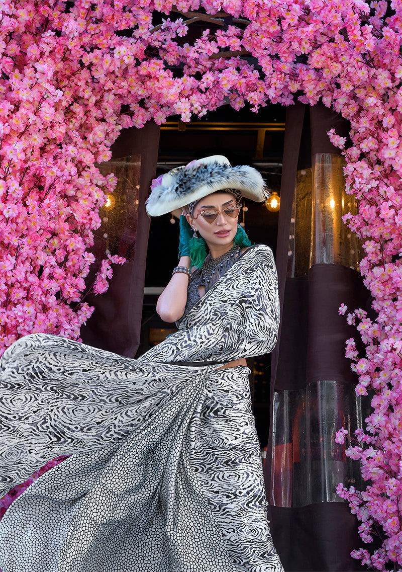 Black & White Soft Shine Printed Satin Silk Saree