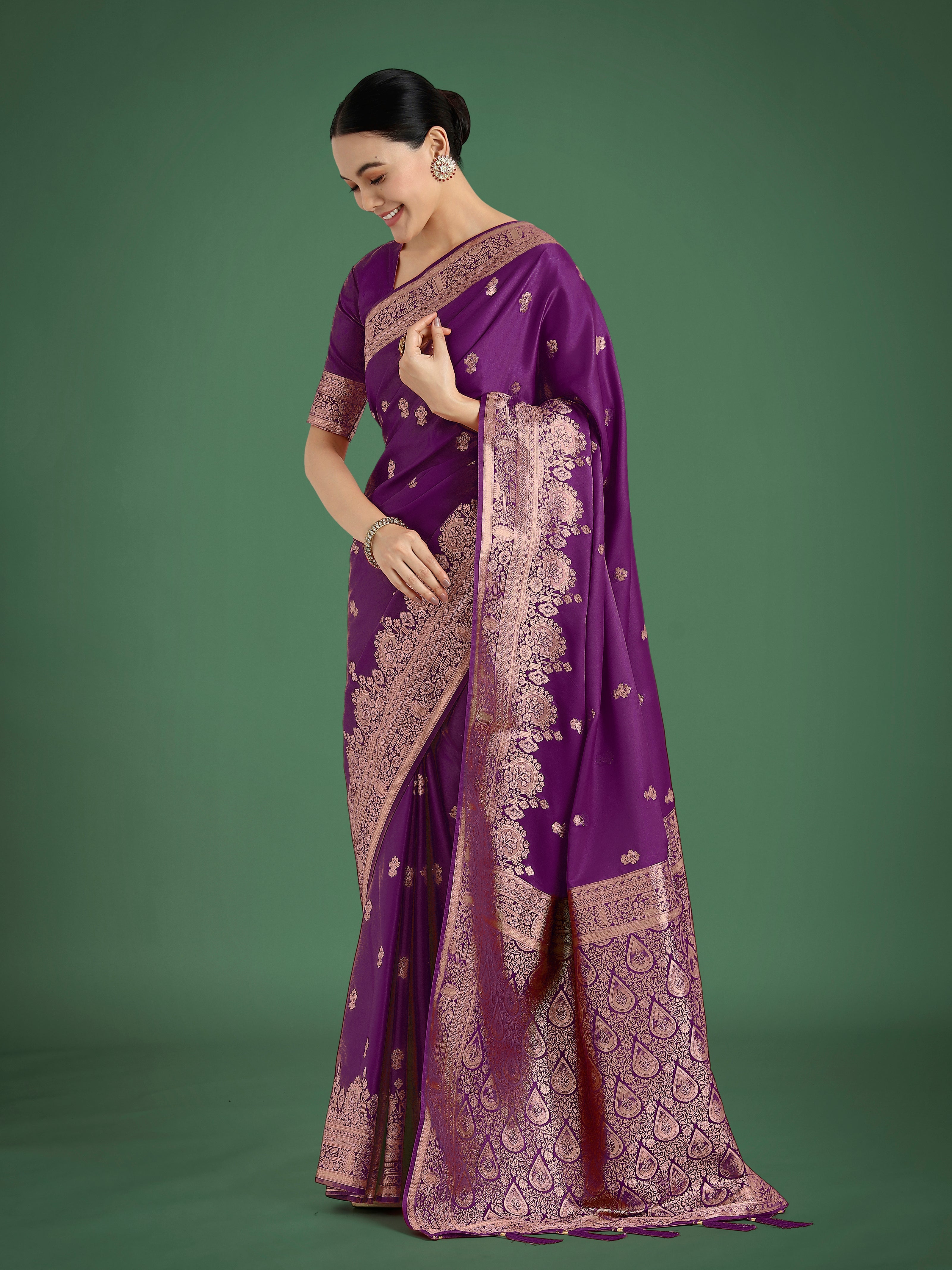 Purple With Gold Bordar Banarasi Woven Satin Saree