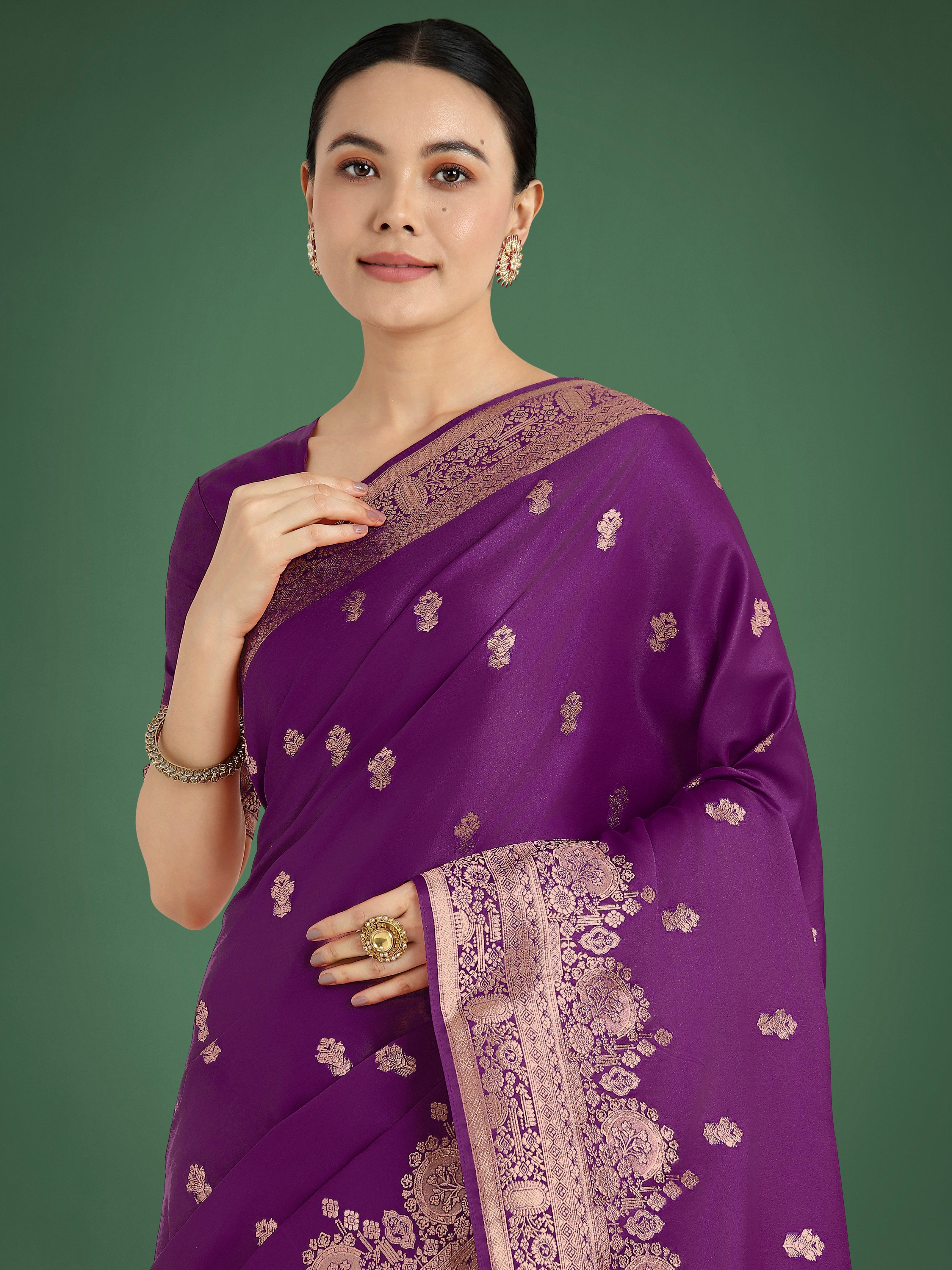 Purple With Gold Bordar Banarasi Woven Satin Saree