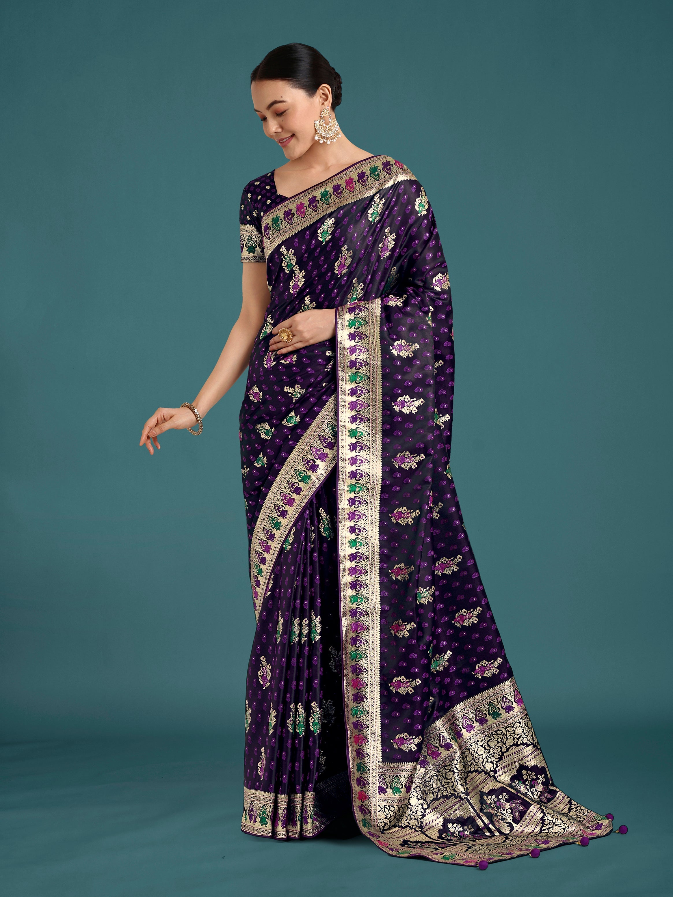 Purple With Gold Bordar Banarasi Zari Woven Satin Saree