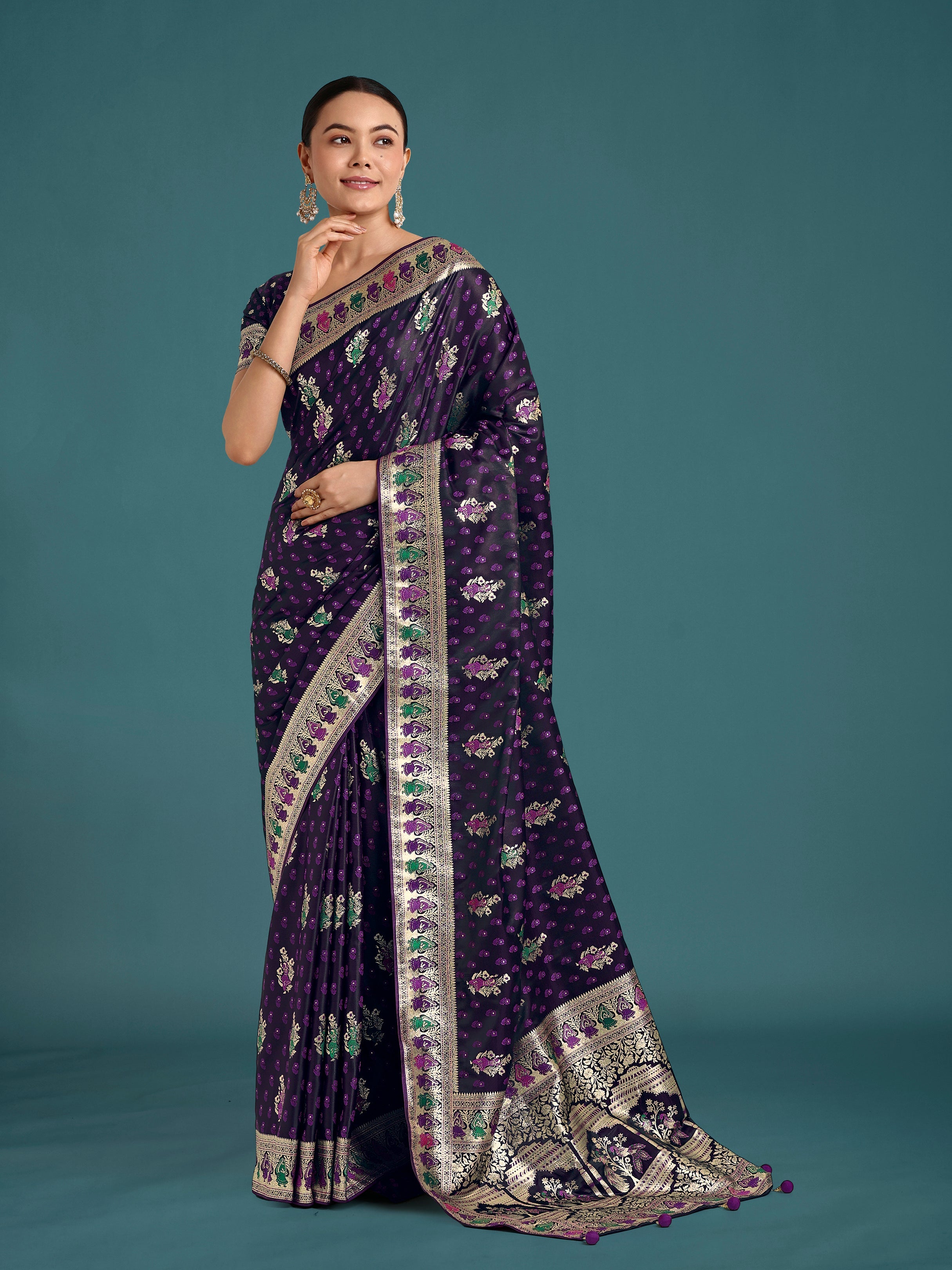 Purple With Gold Bordar Banarasi Zari Woven Satin Saree