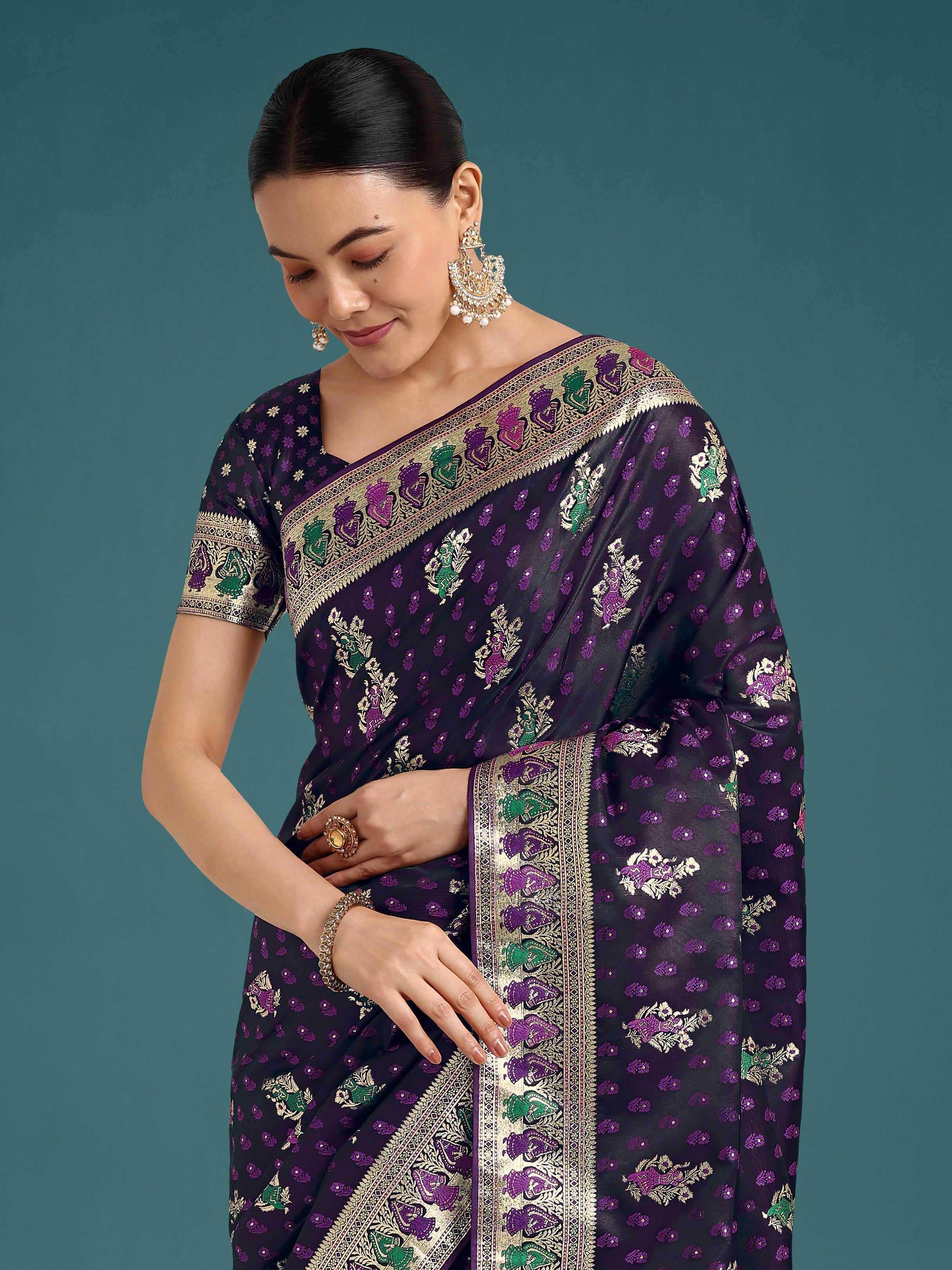 Purple With Gold Bordar Banarasi Zari Woven Satin Saree