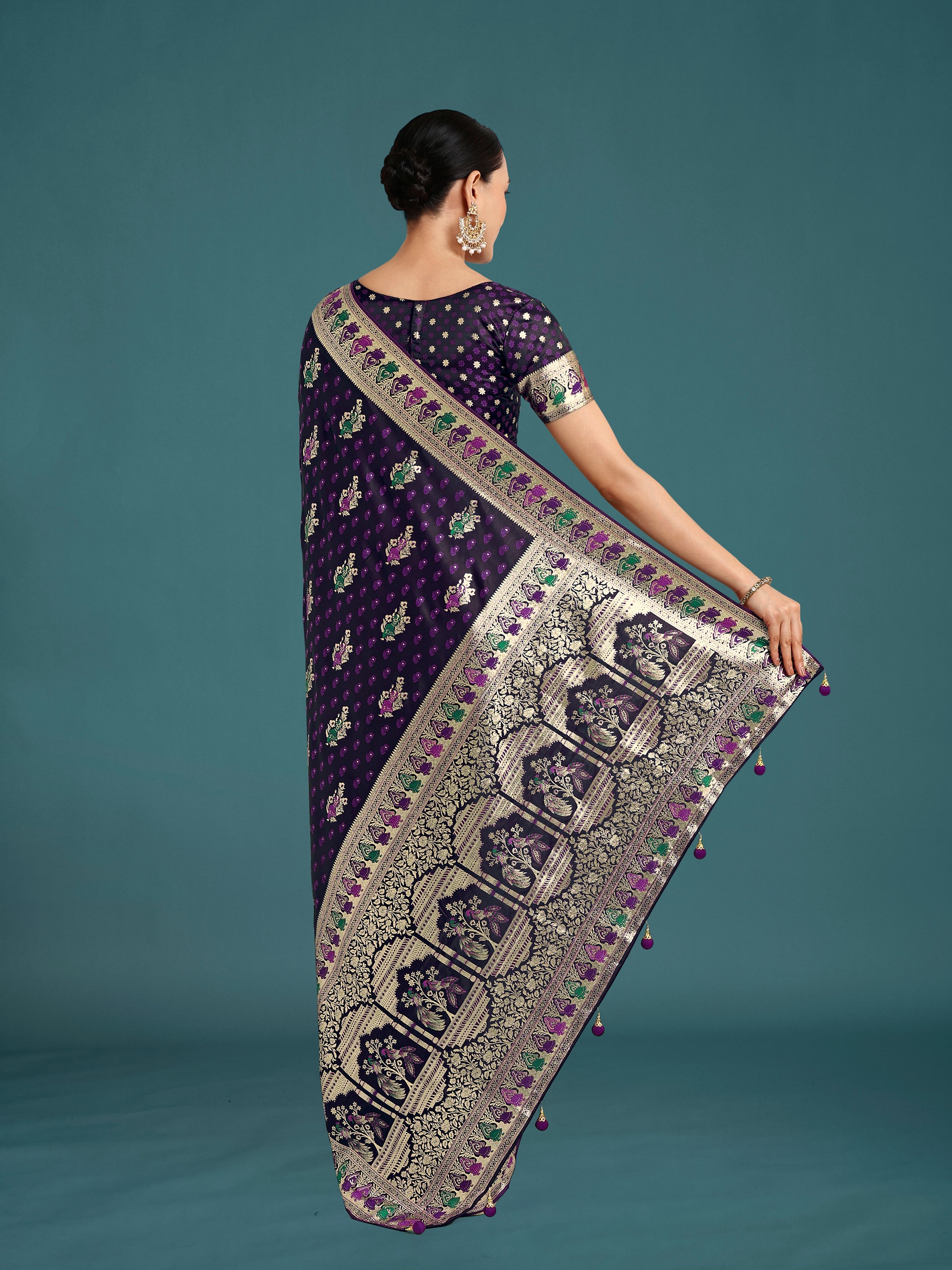 Purple With Gold Bordar Banarasi Zari Woven Satin Saree