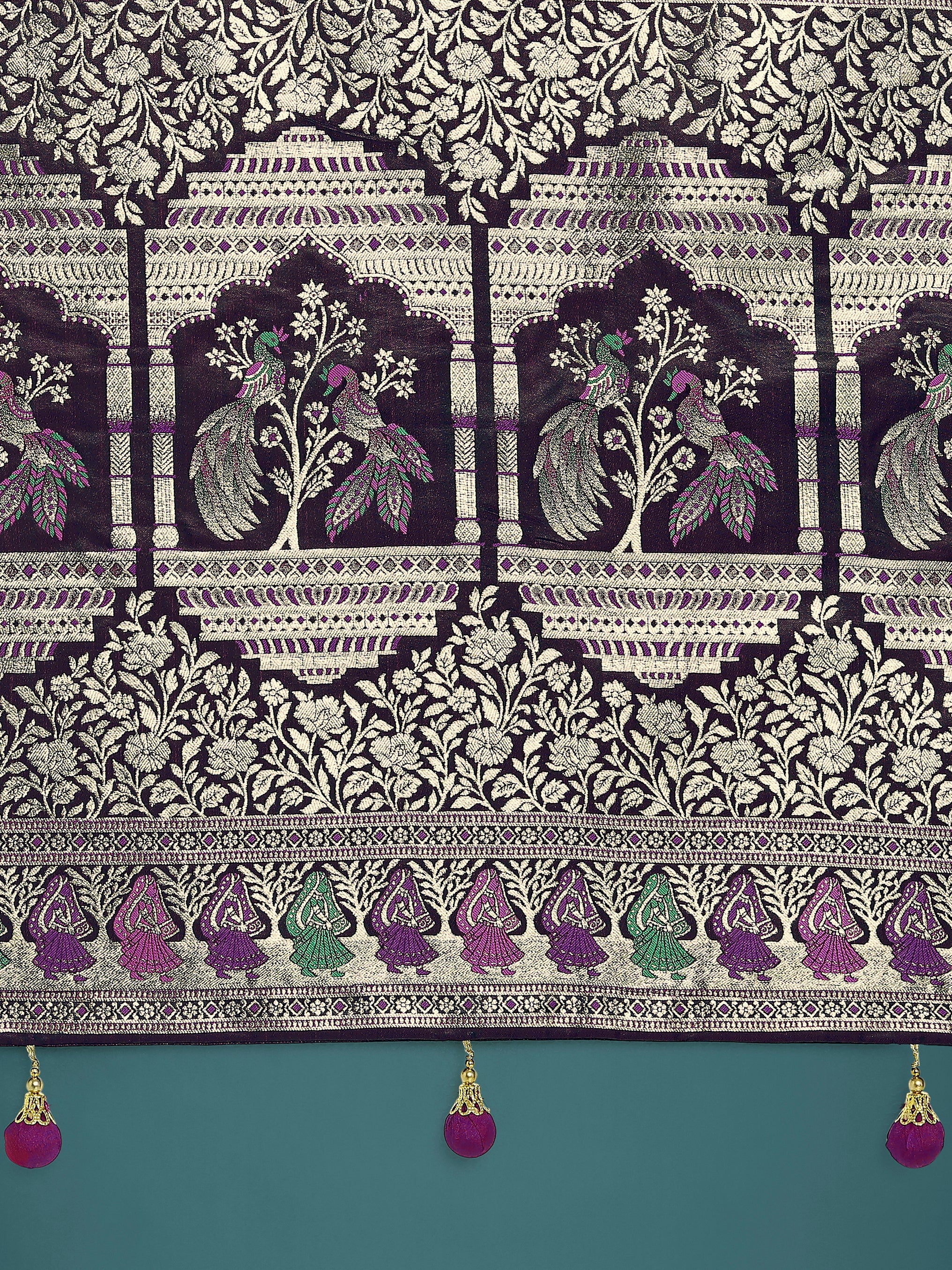 Purple With Gold Bordar Banarasi Zari Woven Satin Saree