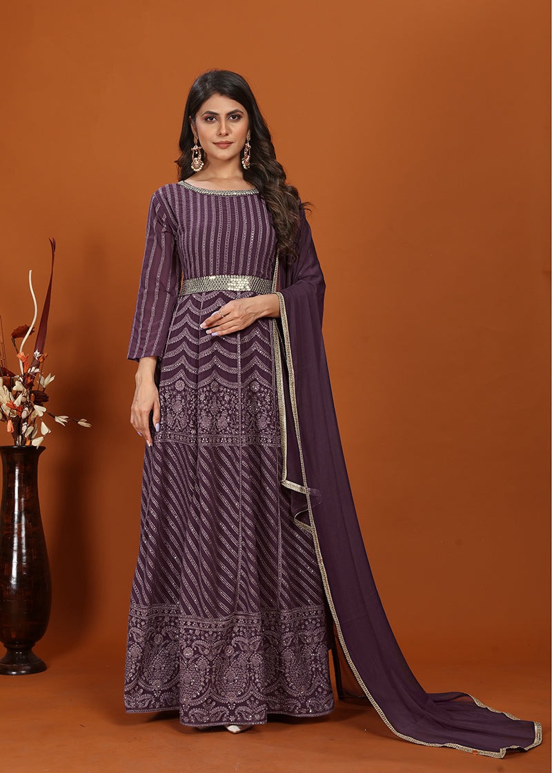Purple Faux Georgette Embroidered Readymade Gown