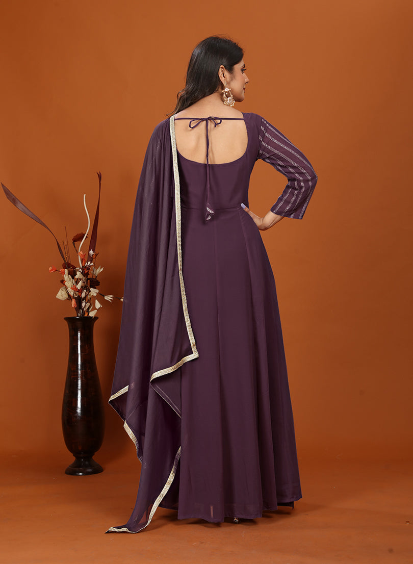 Purple Faux Georgette Embroidered Readymade Gown