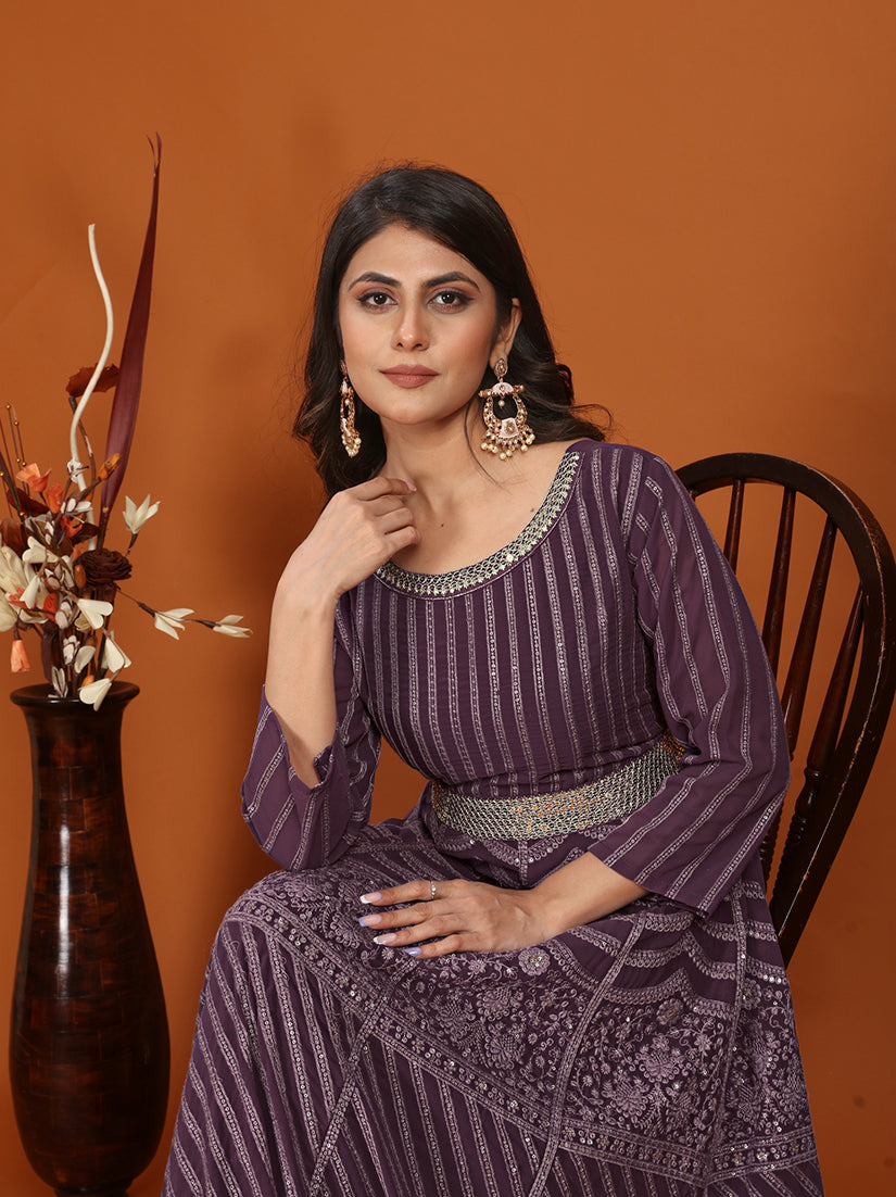 Purple Faux Georgette Embroidered Readymade Gown
