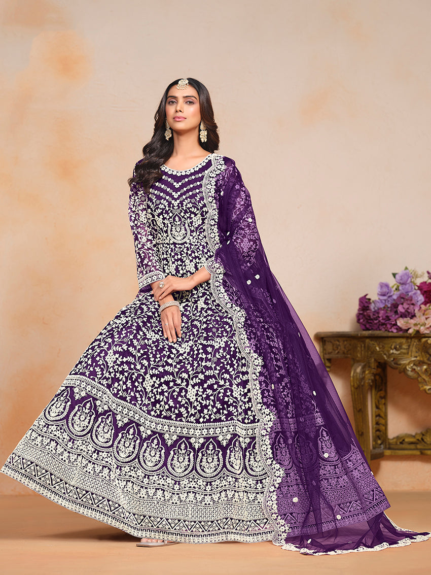 Purple Net Embroidered Wedding Floor Length Anarkali Suit