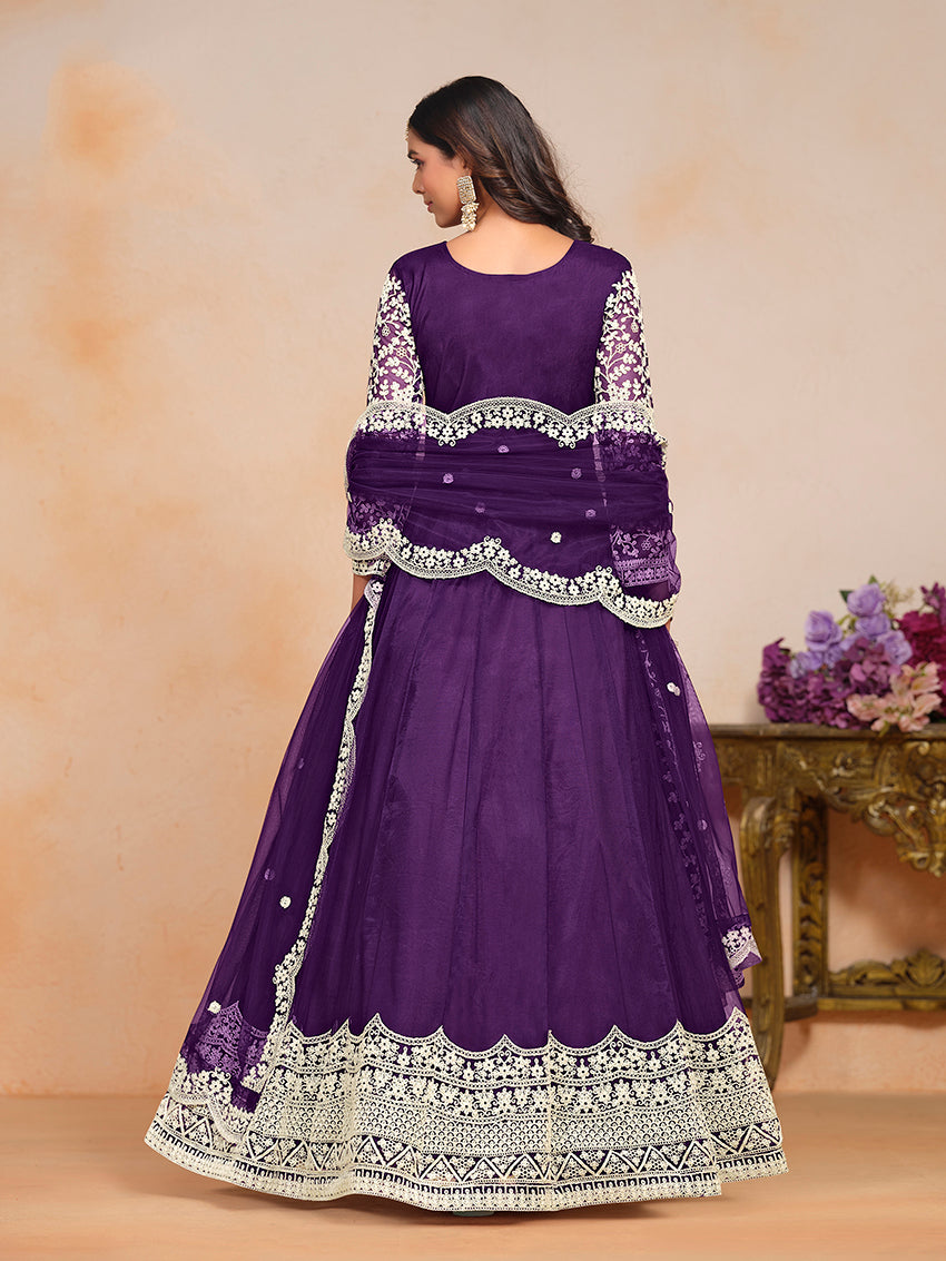 Purple Net Embroidered Wedding Floor Length Anarkali Suit