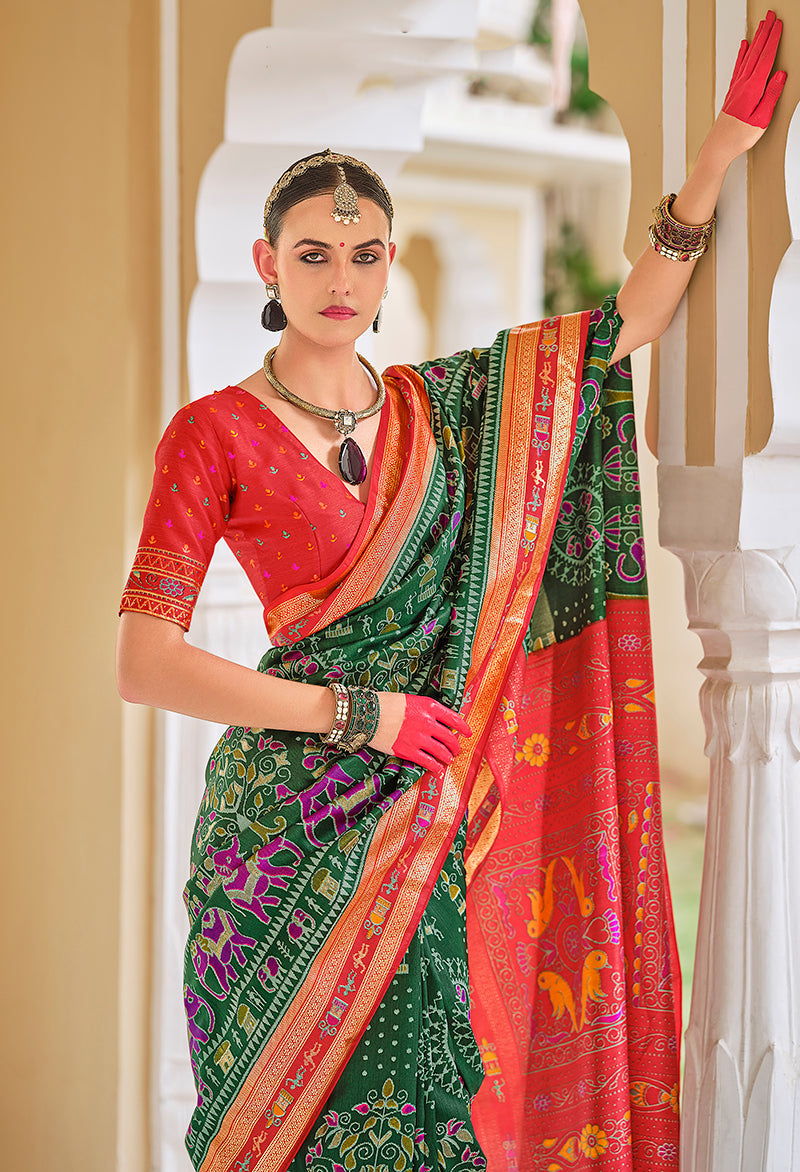 Green Silk Foil Print Saree