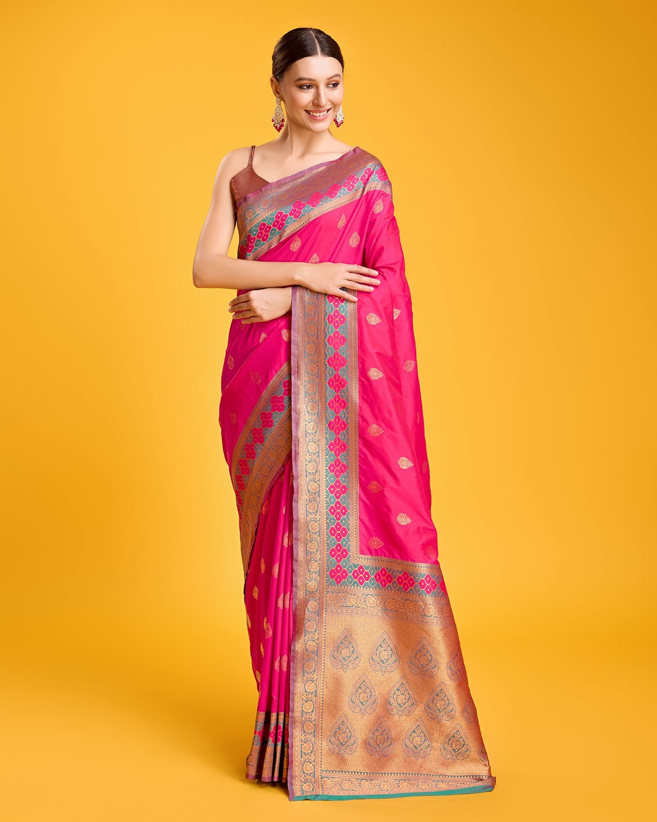 Rani Pink Banarasi silk Brocade Woven Saree - Monjolika Fashion