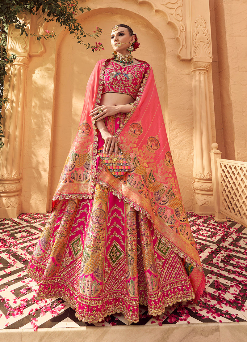 Rani Pink Banarasi Silk Wedding Wear Lehenga With Embroidery Work