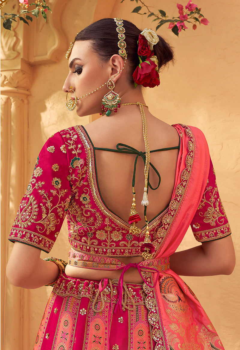 Rani Pink Banarasi Silk Wedding Wear Lehenga With Embroidery Work