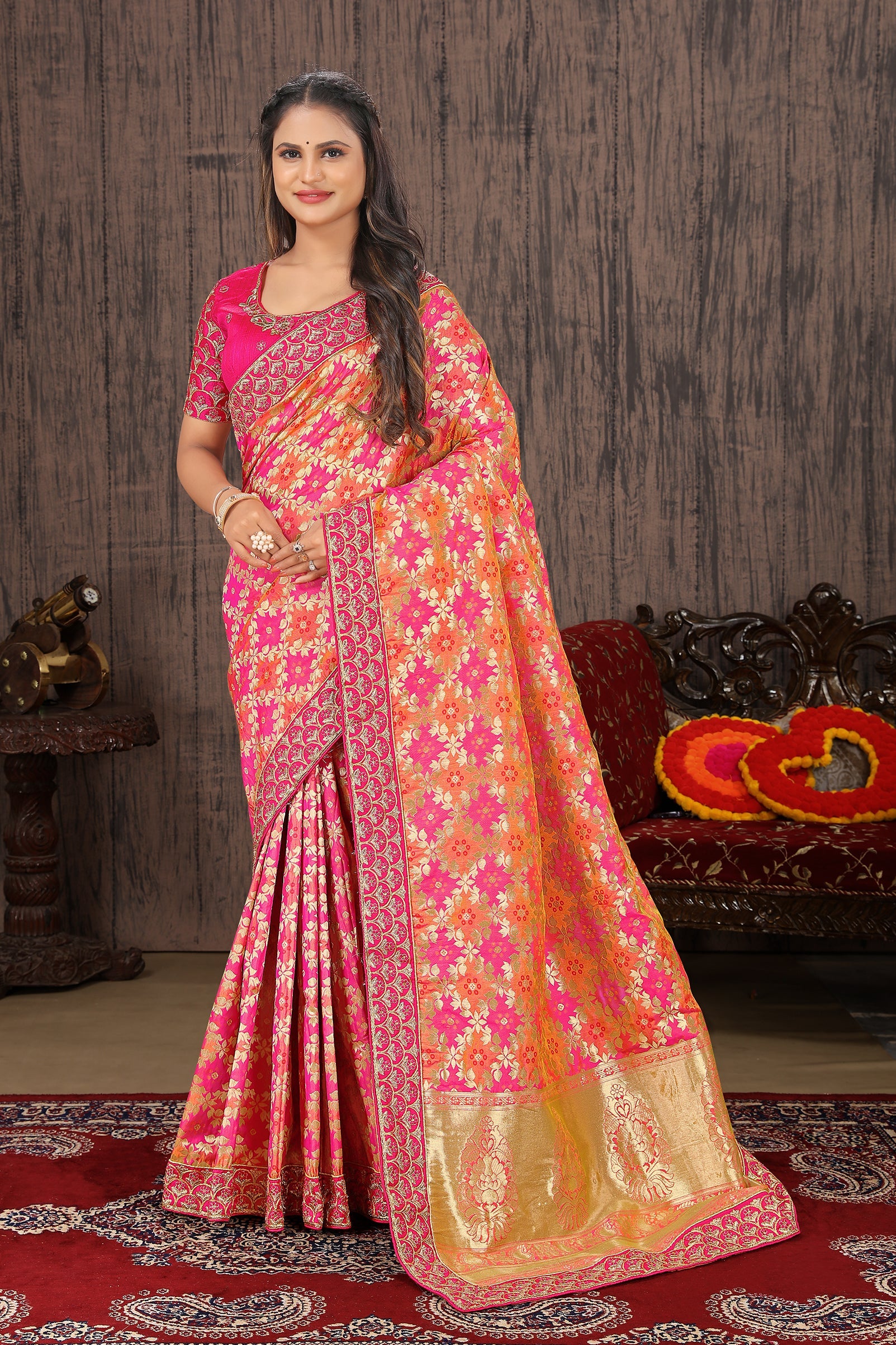 Rani Pink Banarasi Silk Woven Work Traditionally Saree