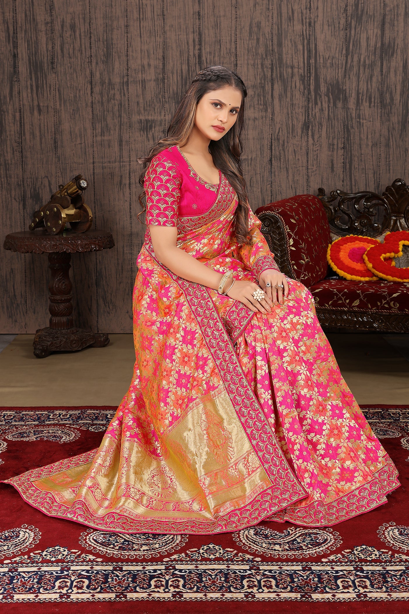 Rani Pink Banarasi Silk Woven Work Traditionally Saree