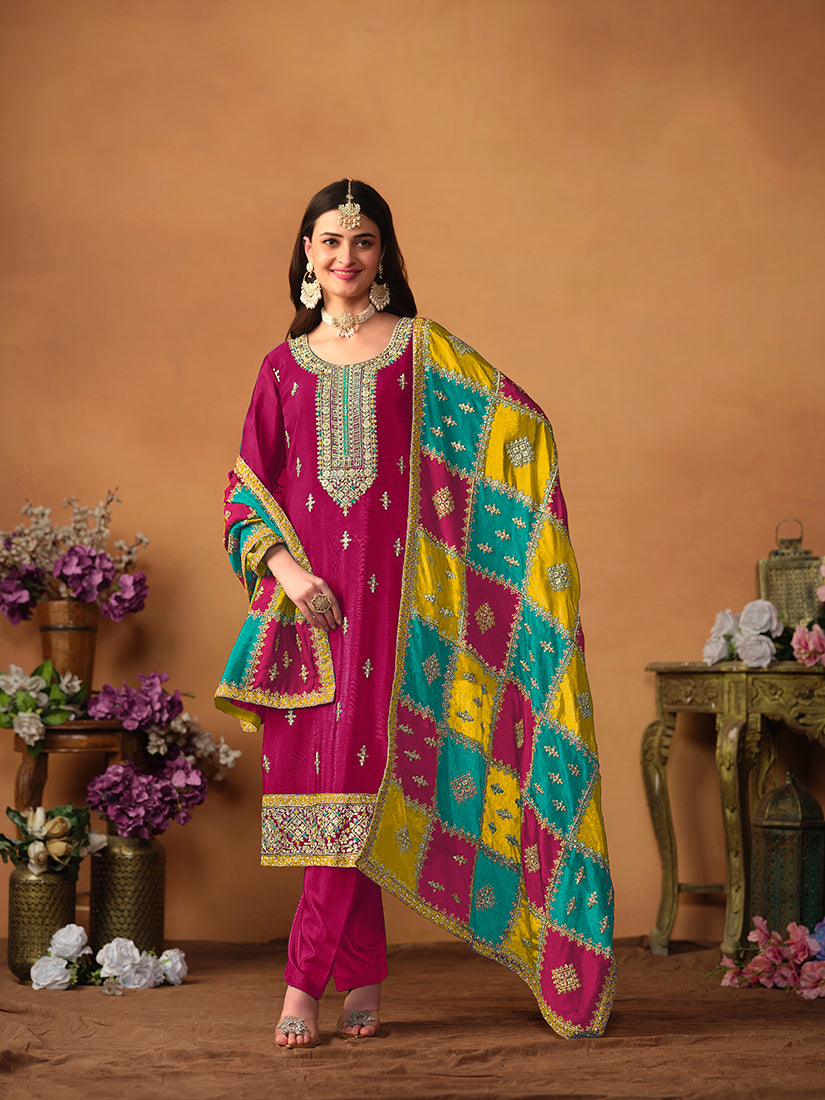 Rani Pink Chinon Embroidered Designer Salwar Kameez