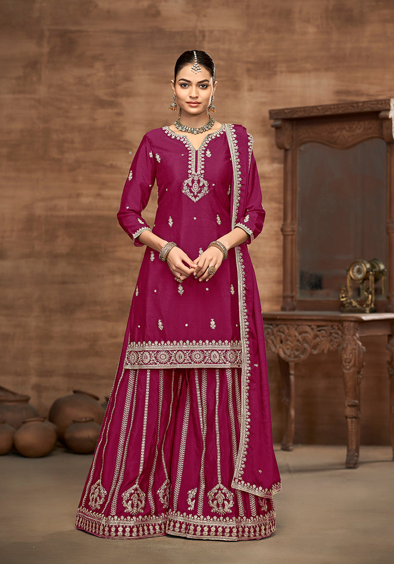 Rani Pink Chinon Embroidered Zari Work Wedding Wear Palazzo Suit