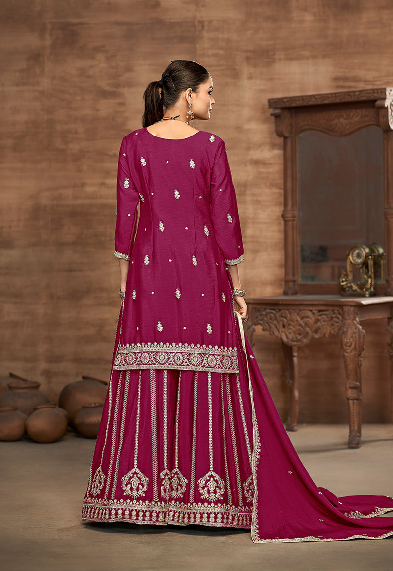 Rani Pink Chinon Embroidered Zari Work Wedding Wear Palazzo Suit