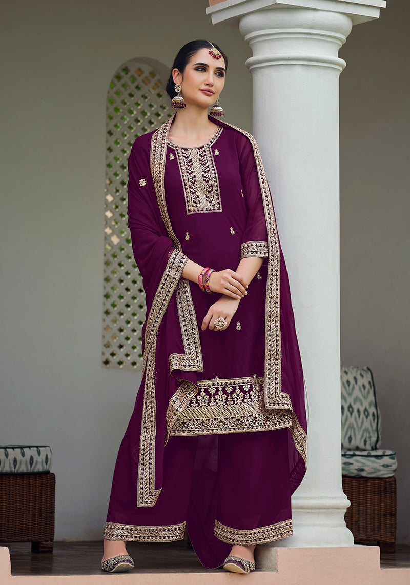 Wine Georgette Embroidered Palazzo Salwar Kameez