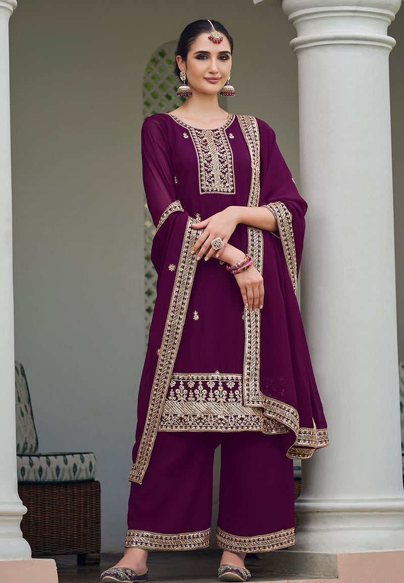 Wine Georgette Embroidered Palazzo Salwar Kameez