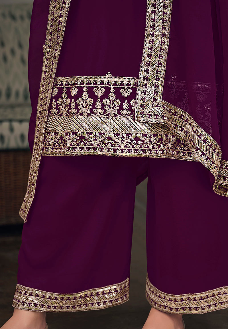 Wine Georgette Embroidered Palazzo Salwar Kameez