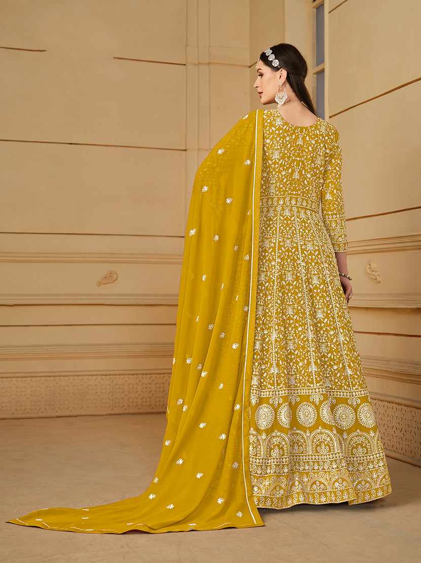 Yellow Georgette Heavy Work Floor Length Gown With Dupatta