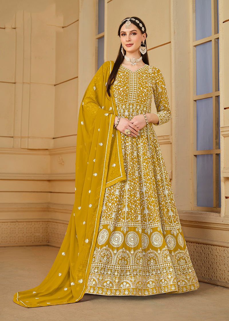 Yellow Georgette Heavy Work Floor Length Gown With Dupatta