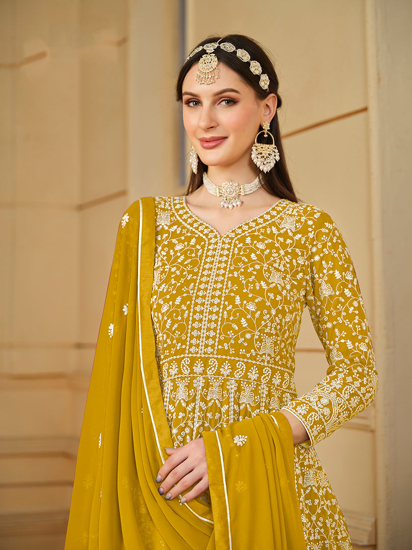 Yellow Georgette Heavy Work Floor Length Gown With Dupatta