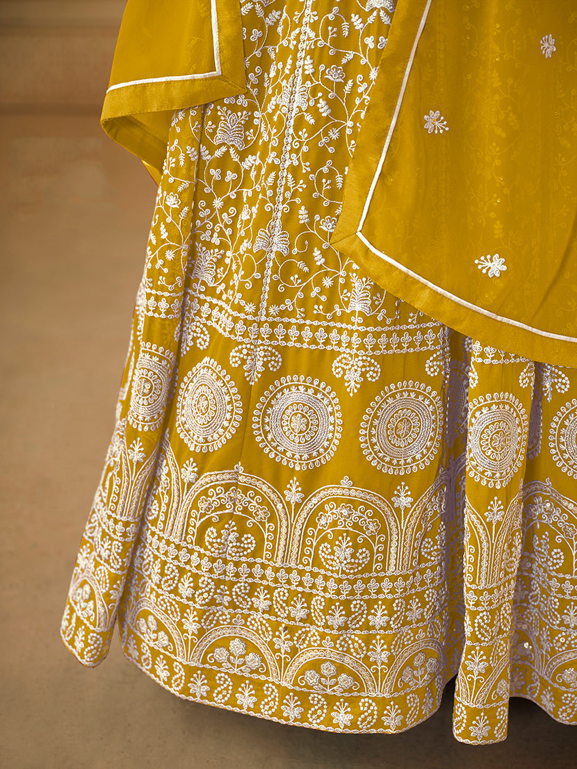 Yellow Georgette Heavy Work Floor Length Gown With Dupatta