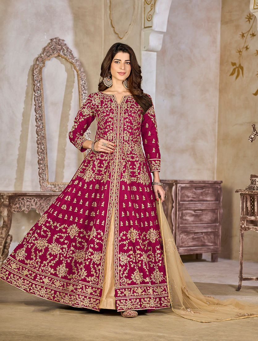 Rani Pink Color Art Silk Embroidered Anarkali Salwar Kameez