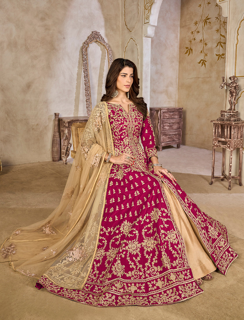 Rani Pink Color Art Silk Embroidered Anarkali Salwar Kameez