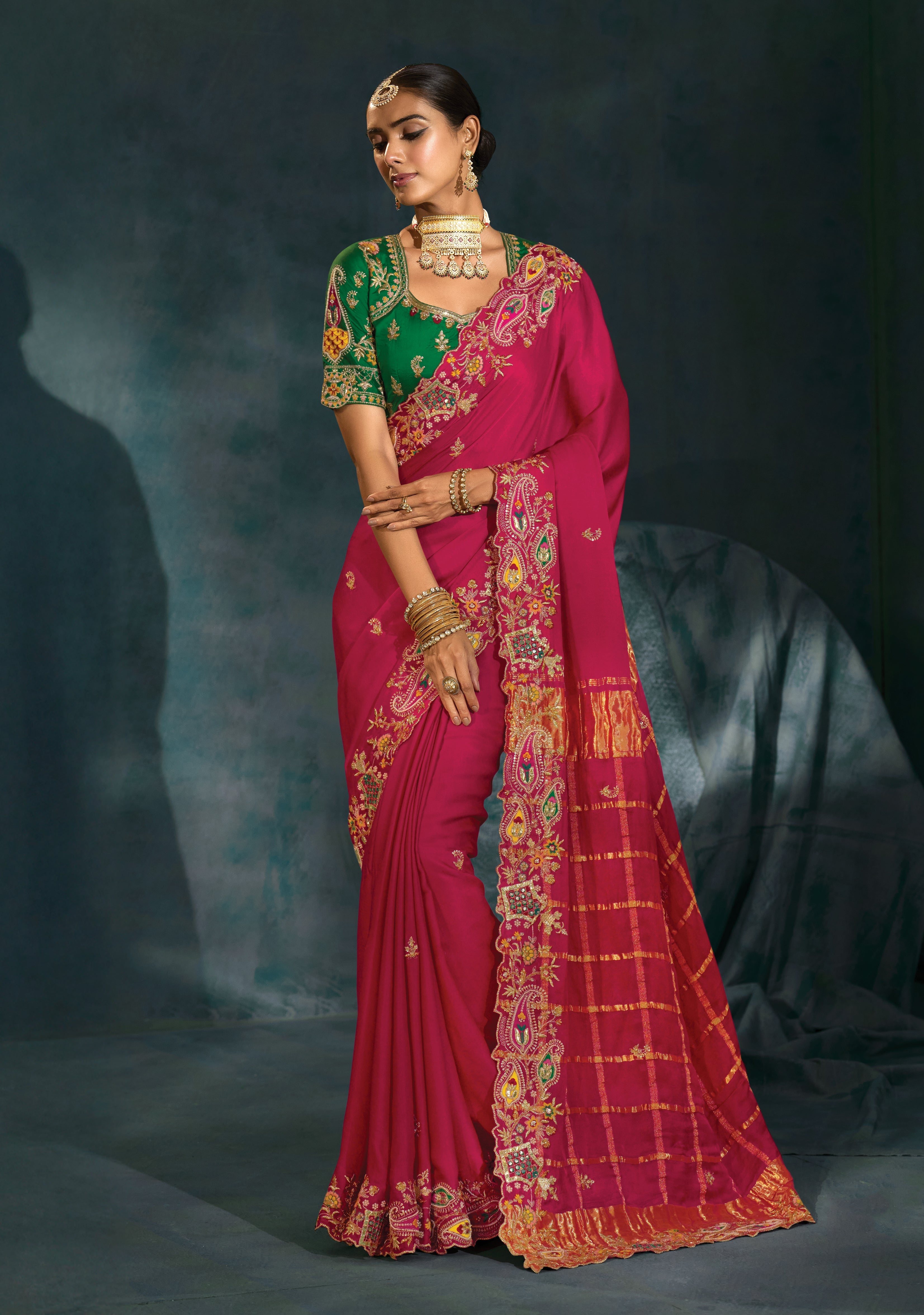 Rani Pink Color Gajji Silk Beautifull Border Saree With Cutdana Moti Mirror Work