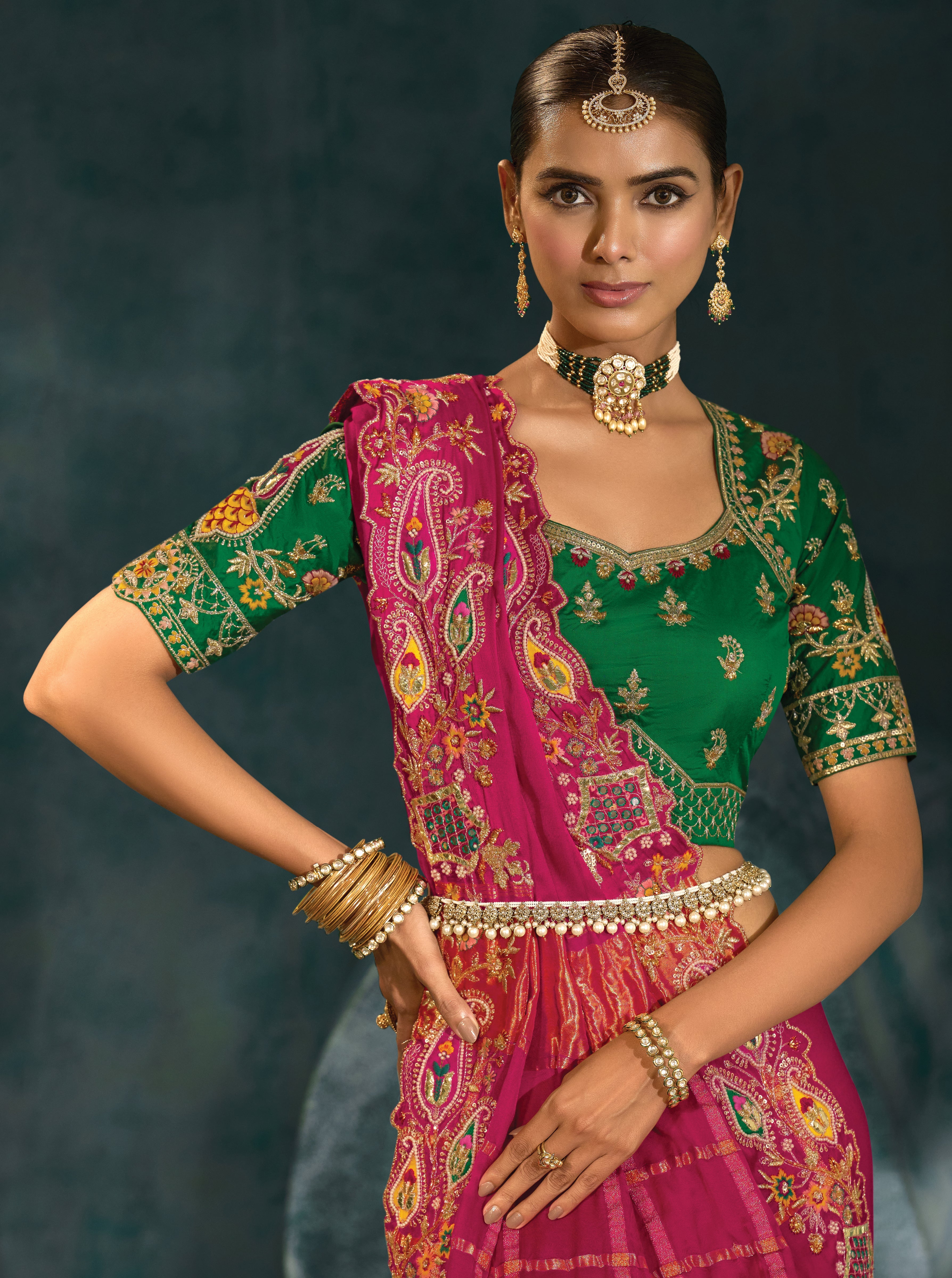 Rani Pink Color Gajji Silk Beautifull Border Saree With Cutdana Moti Mirror Work