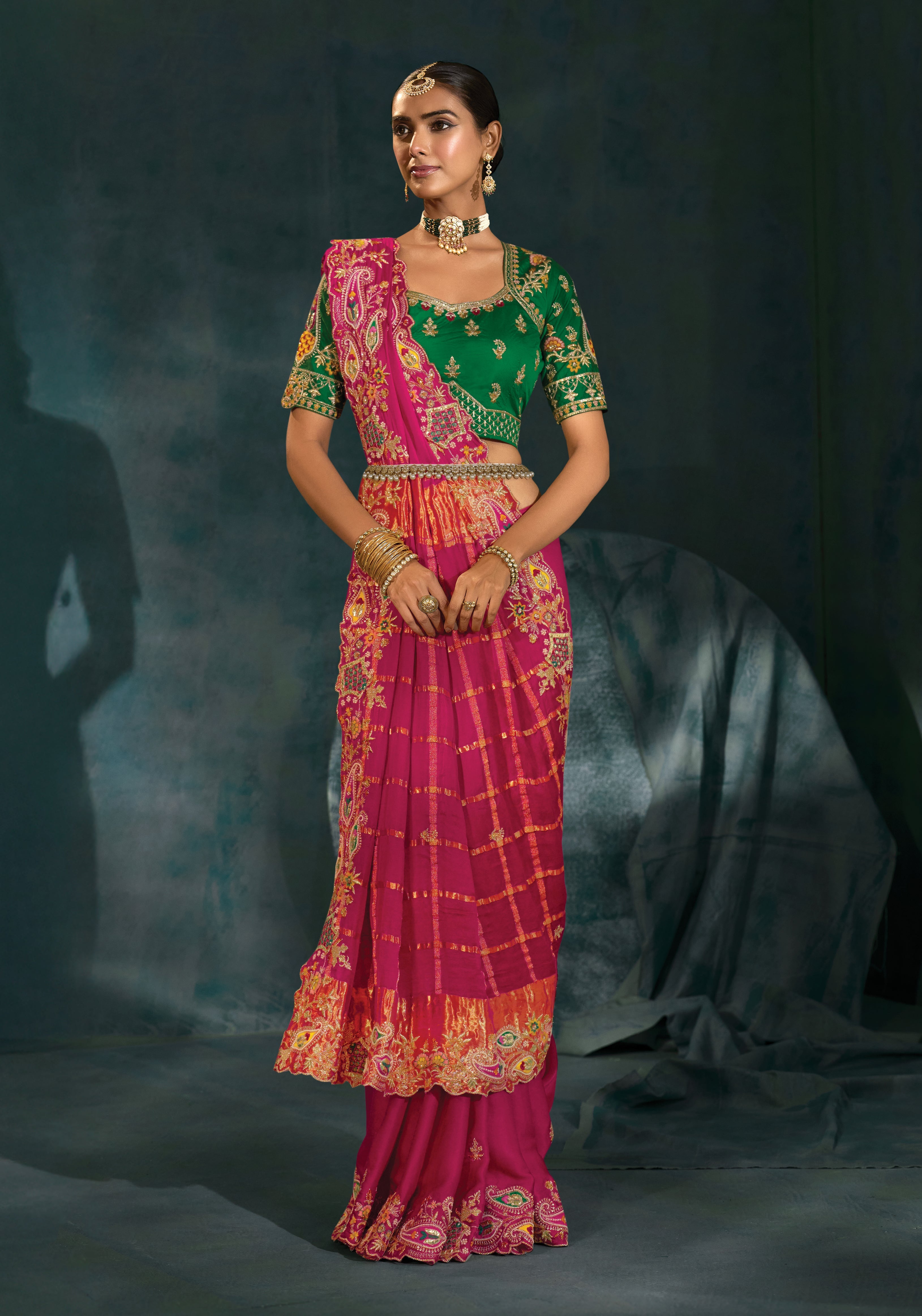 Rani Pink Color Gajji Silk Beautifull Border Saree With Cutdana Moti Mirror Work