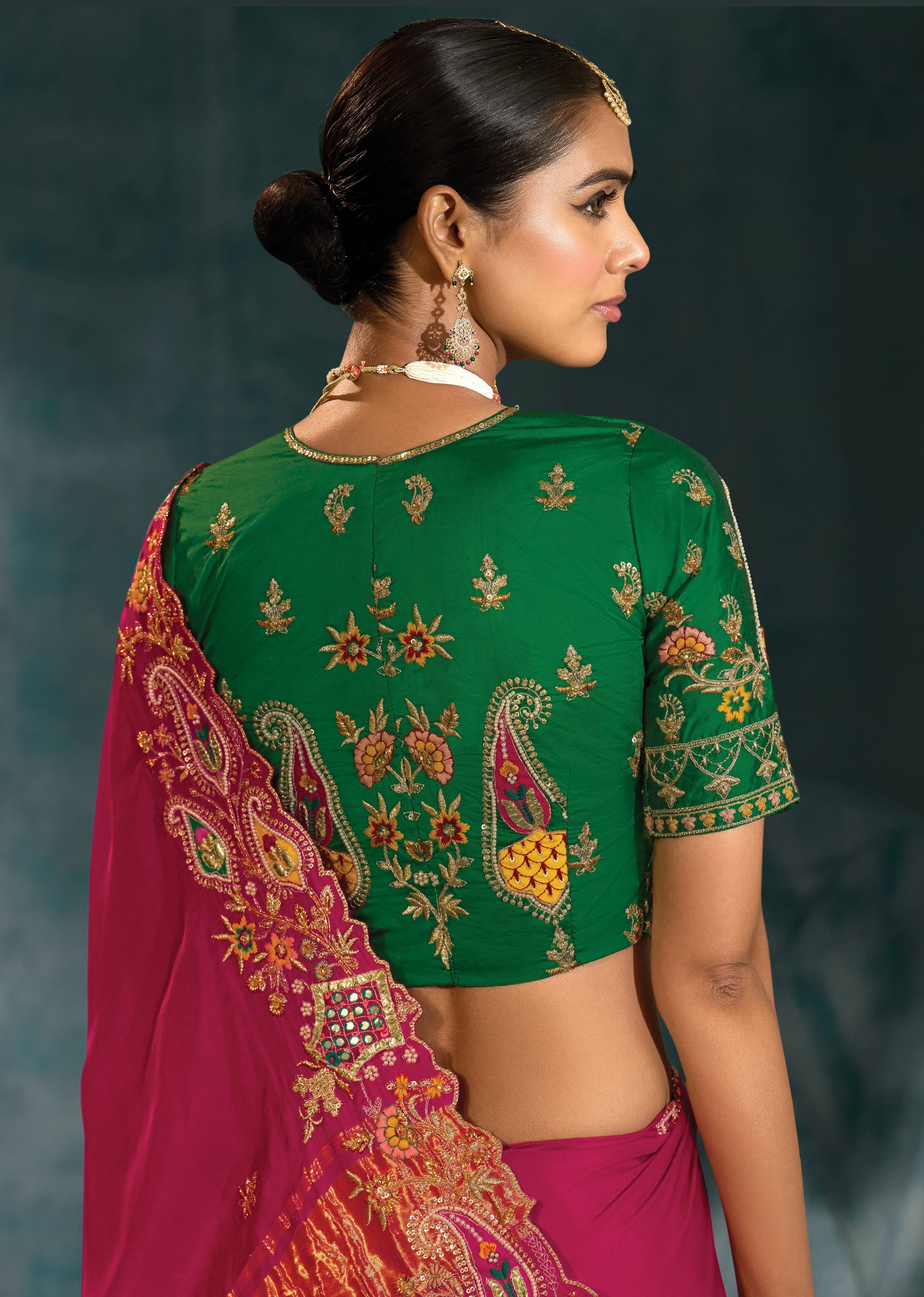 Rani Pink Color Gajji Silk Beautifull Border Saree With Cutdana Moti Mirror Work