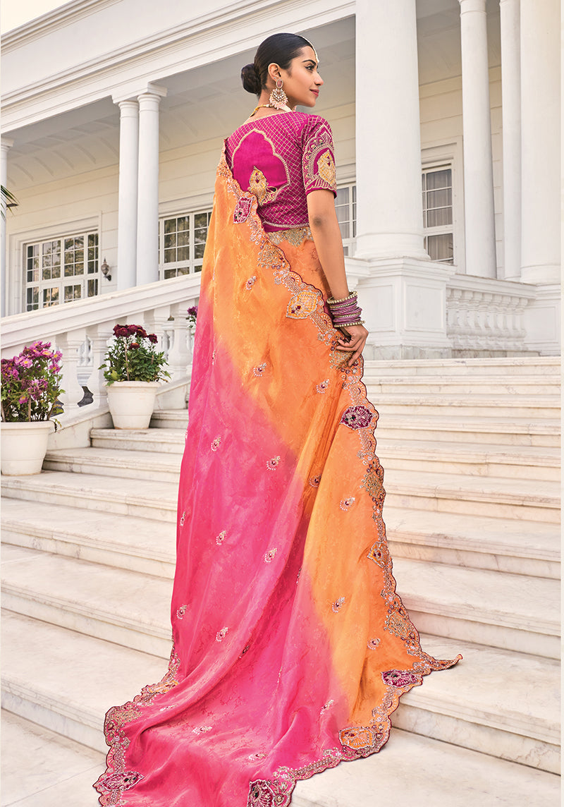 Rani Pink Crepe Jacquard Silk Zari Weaving Thread Work Saree