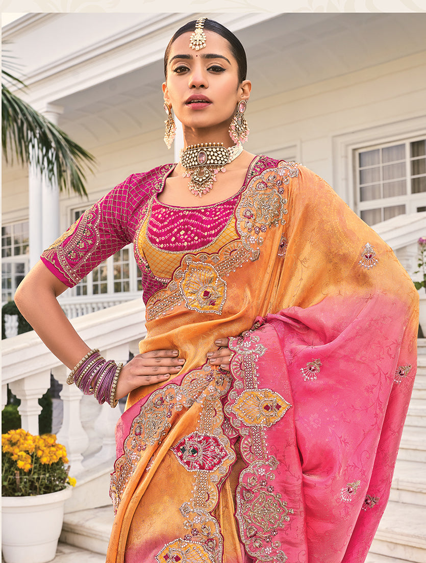 Rani Pink Crepe Jacquard Silk Zari Weaving Thread Work Saree