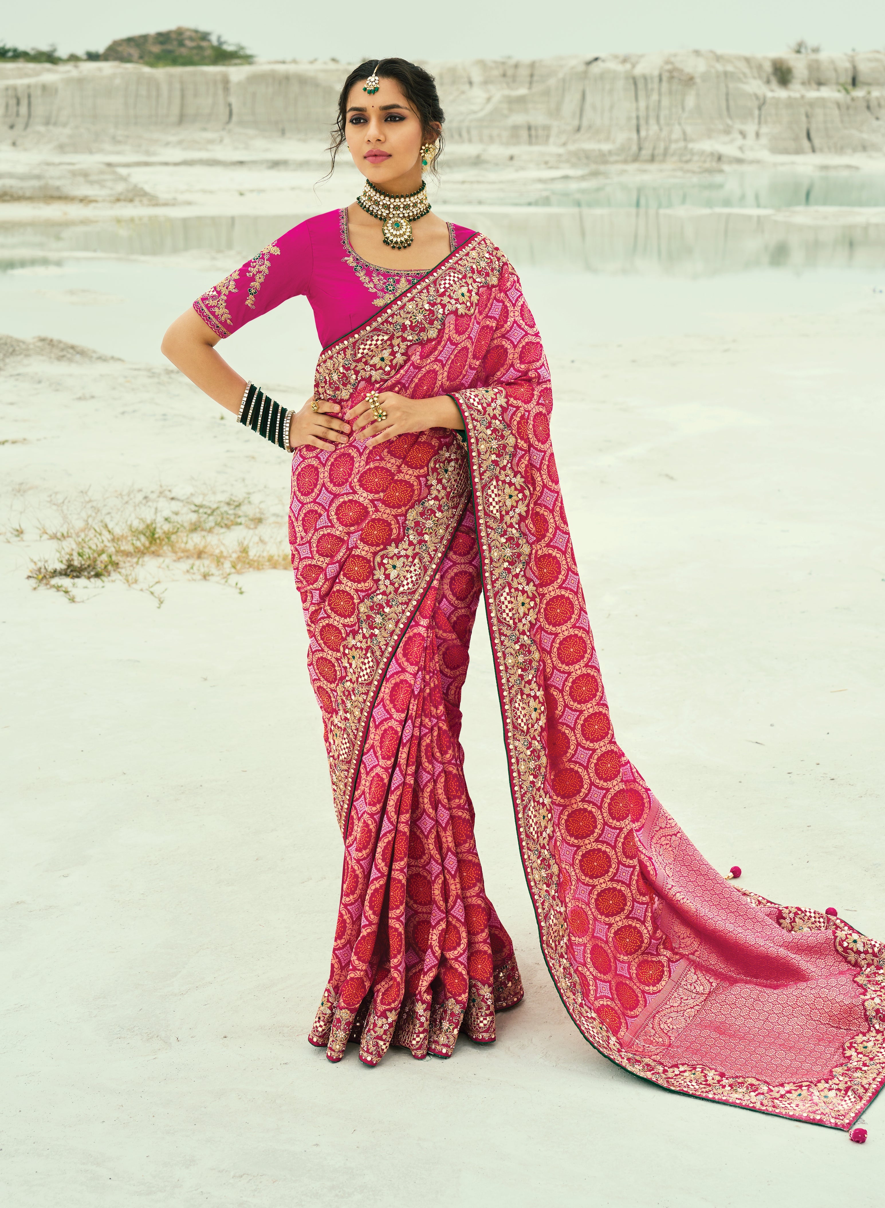 Rani Pink Embroidered Georgette Bandhej Designer Saree