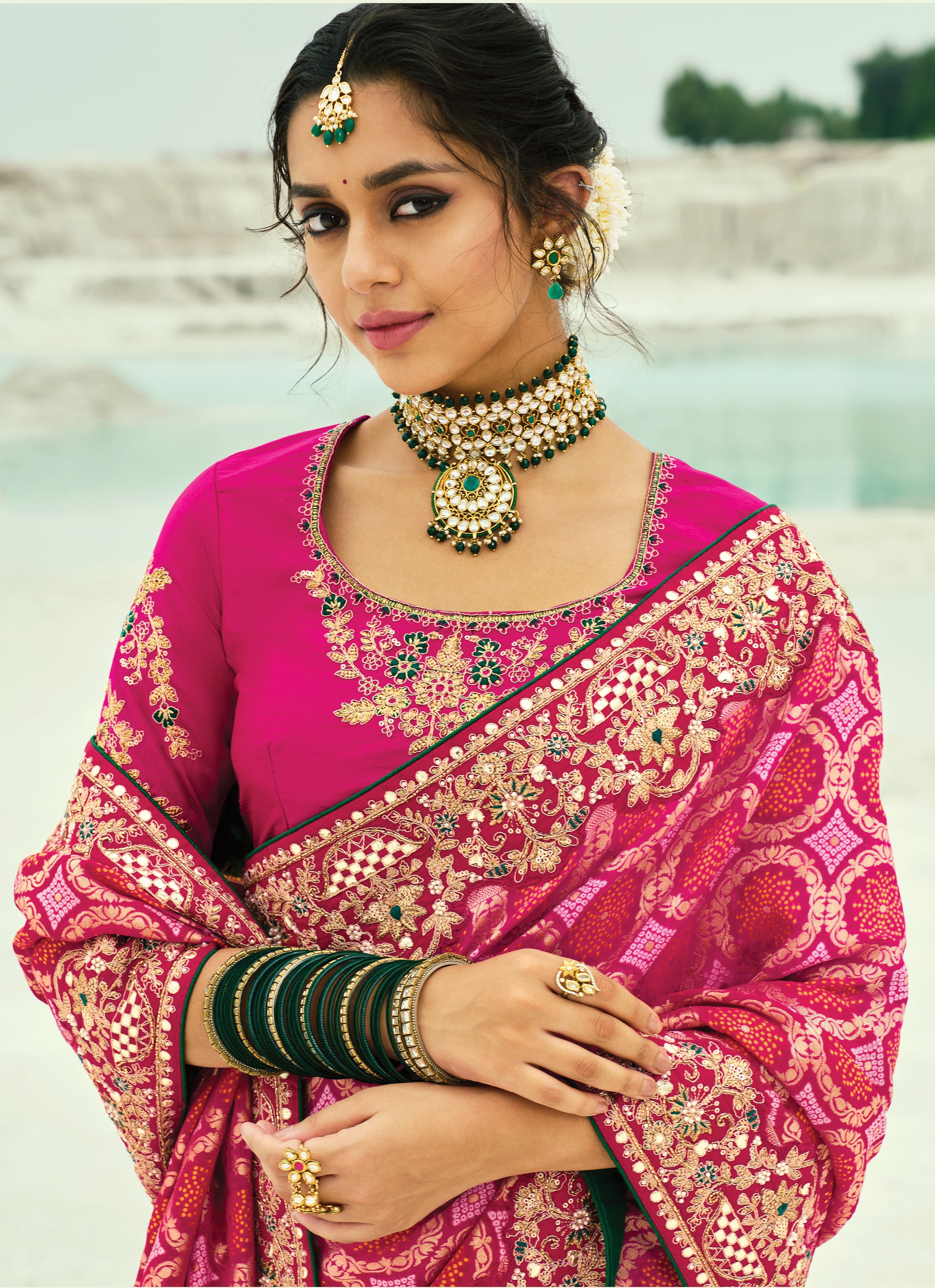Rani Pink Embroidered Georgette Bandhej Designer Saree