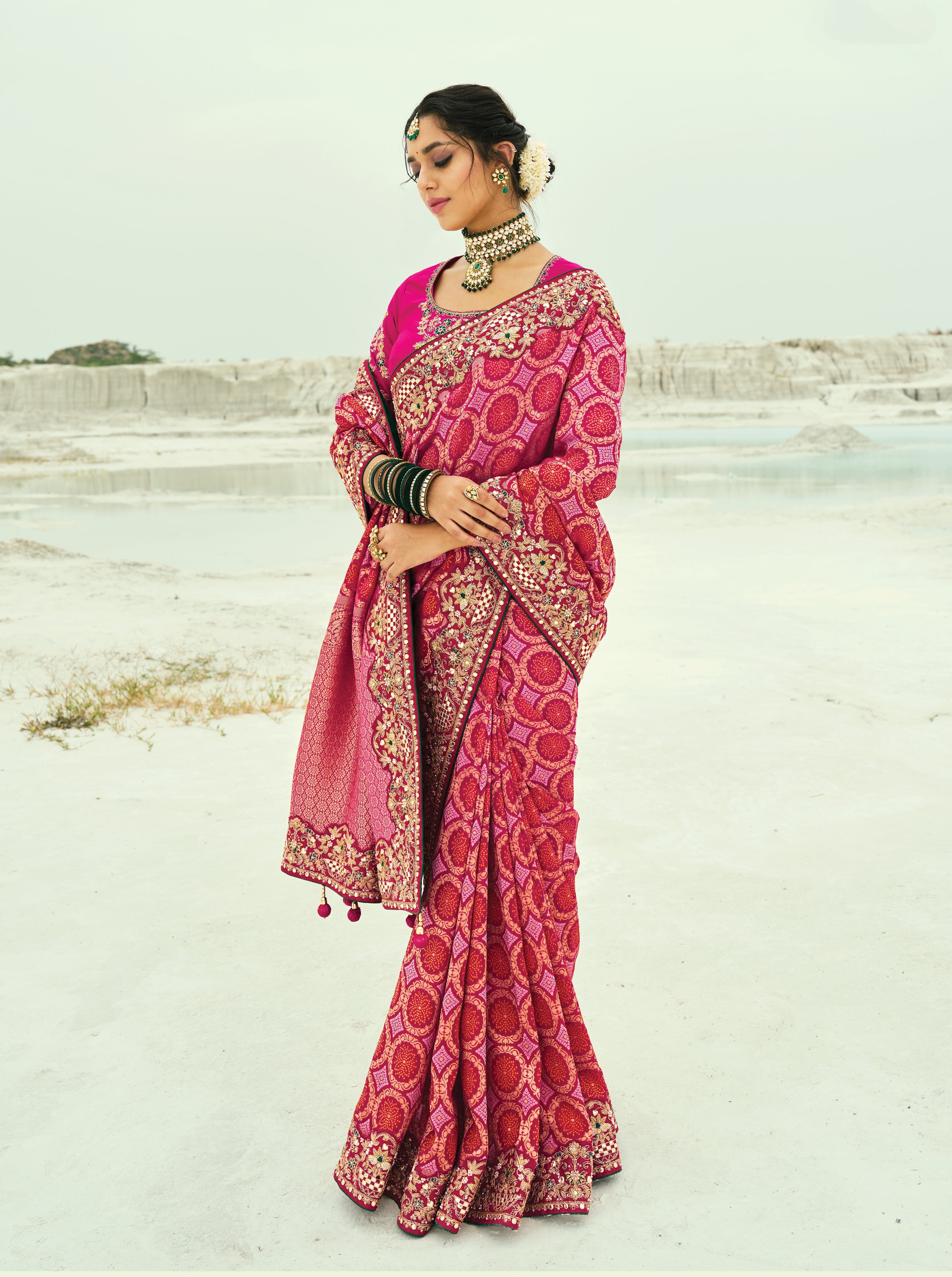 Rani Pink Embroidered Georgette Bandhej Designer Saree