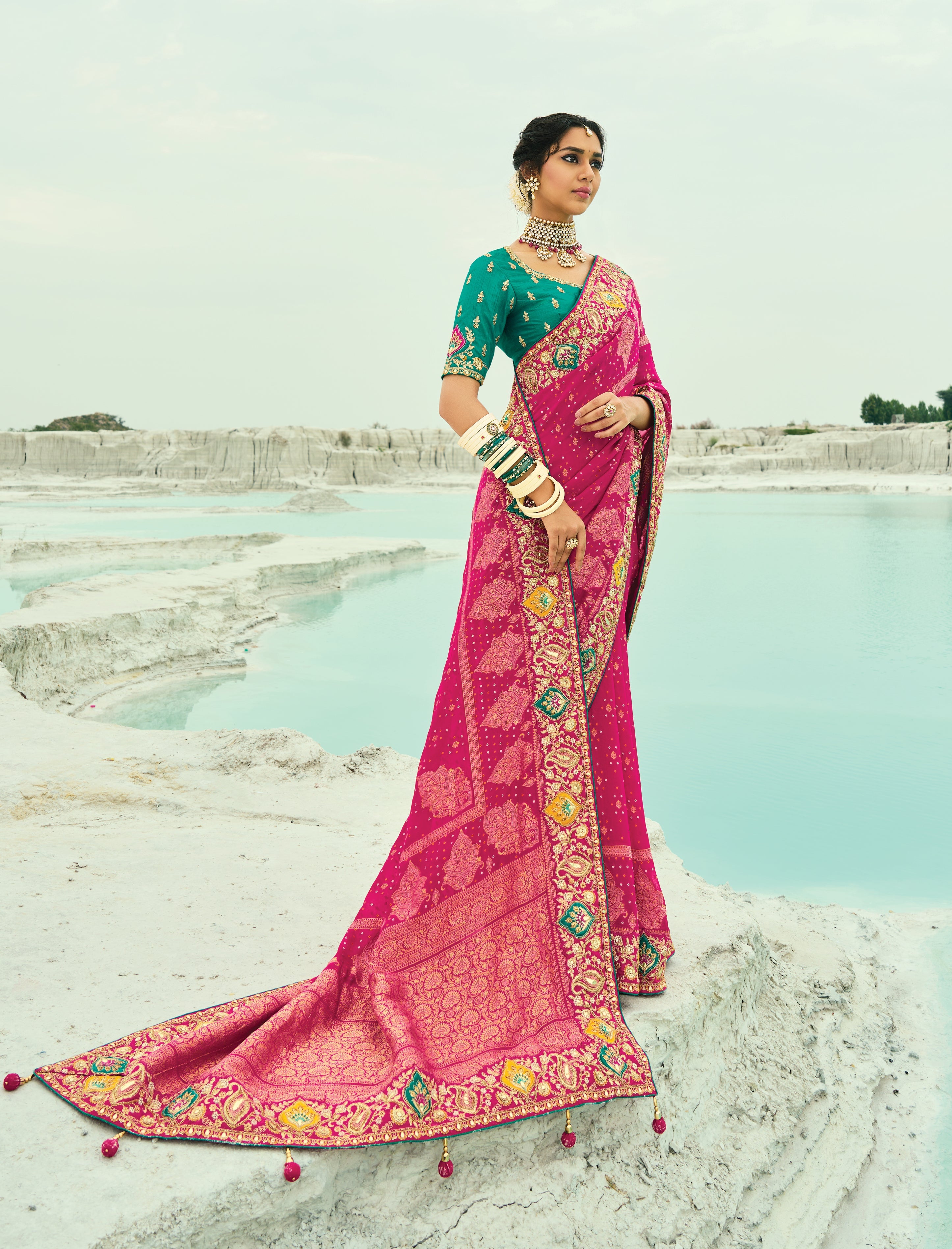 Rani Pink Embroidered Georgette Bandhej Designer Saree