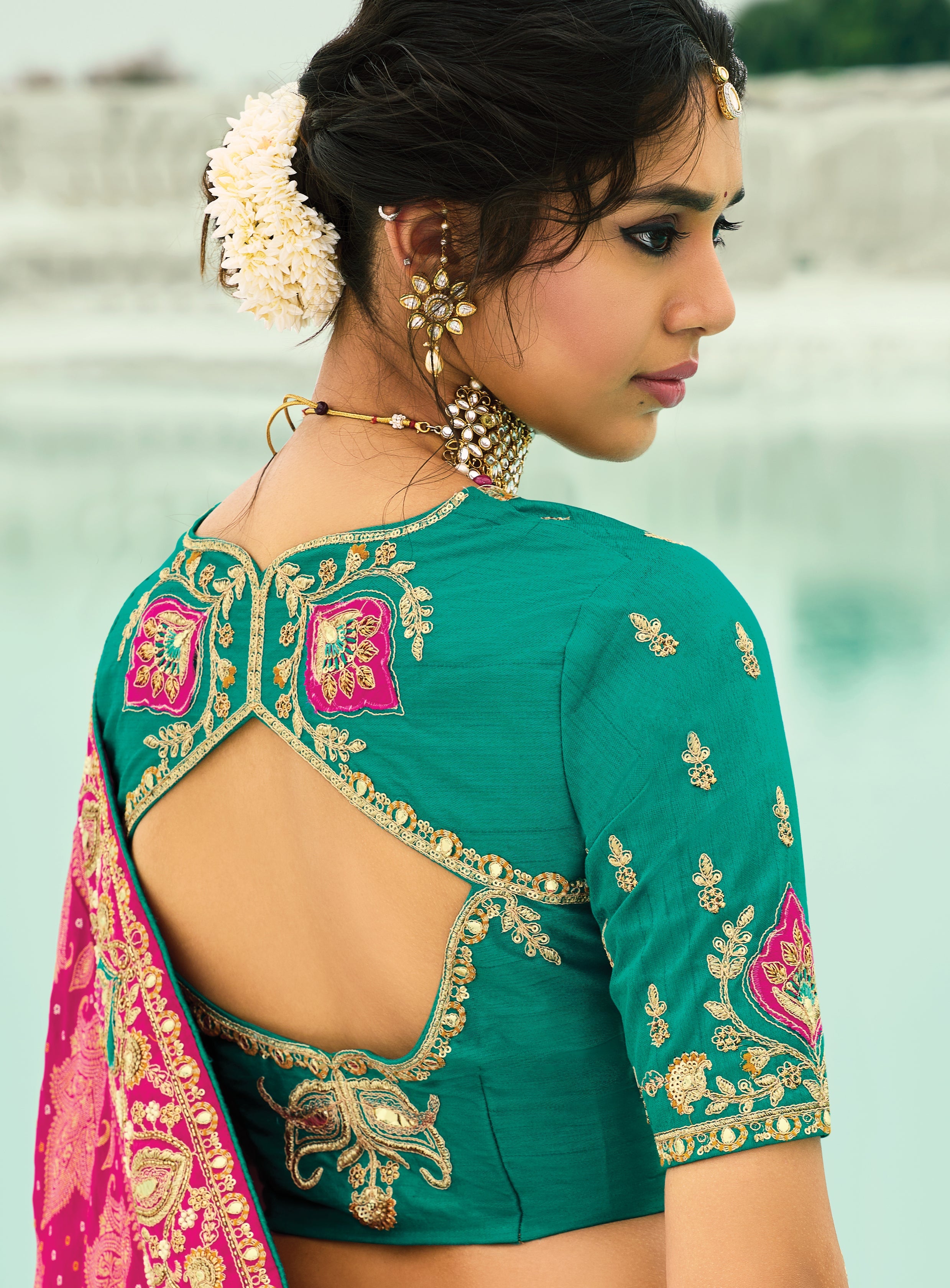 Rani Pink Embroidered Georgette Bandhej Designer Saree