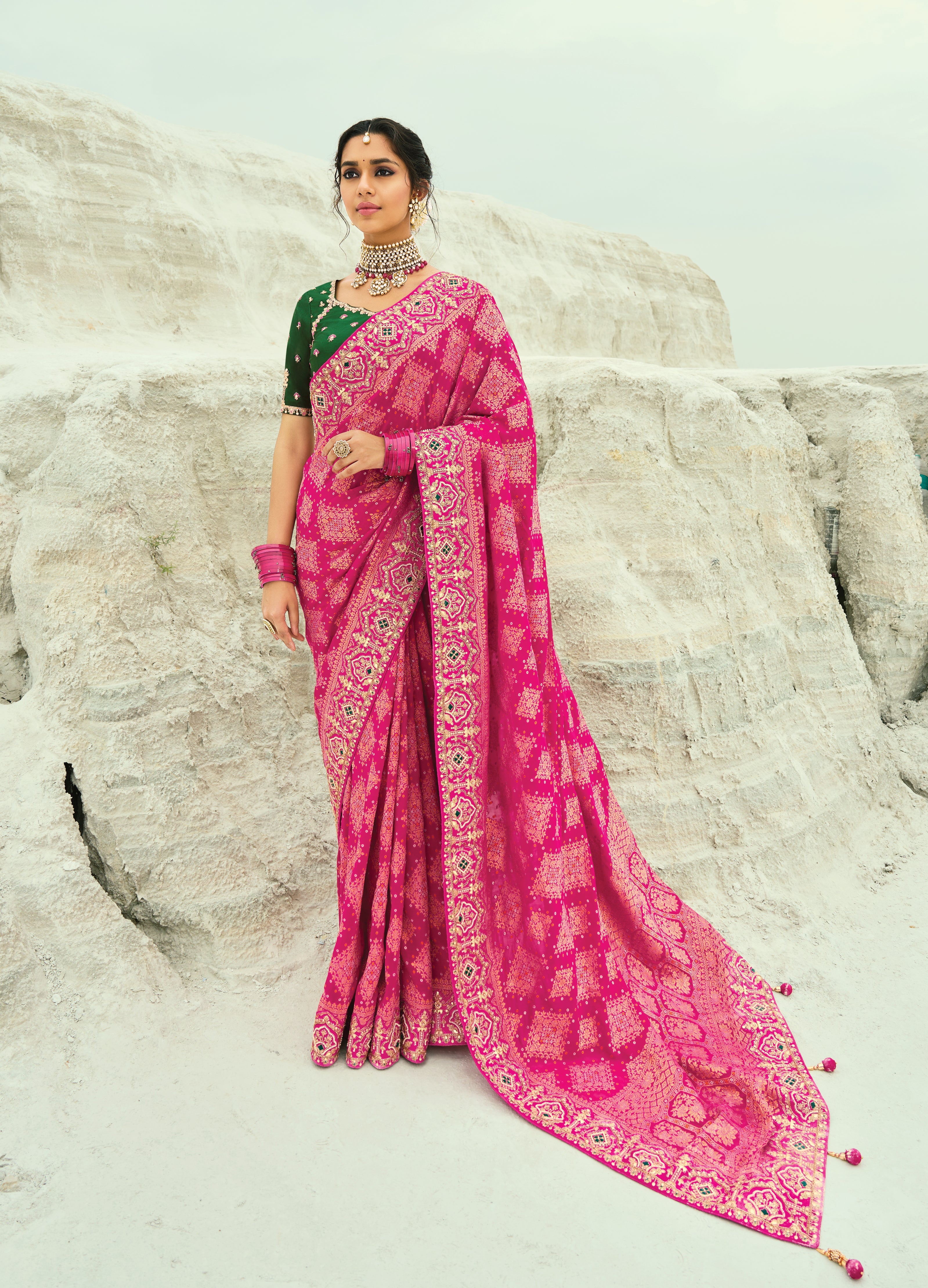Rani Pink Embroidered Georgette Bandhej Designer Saree
