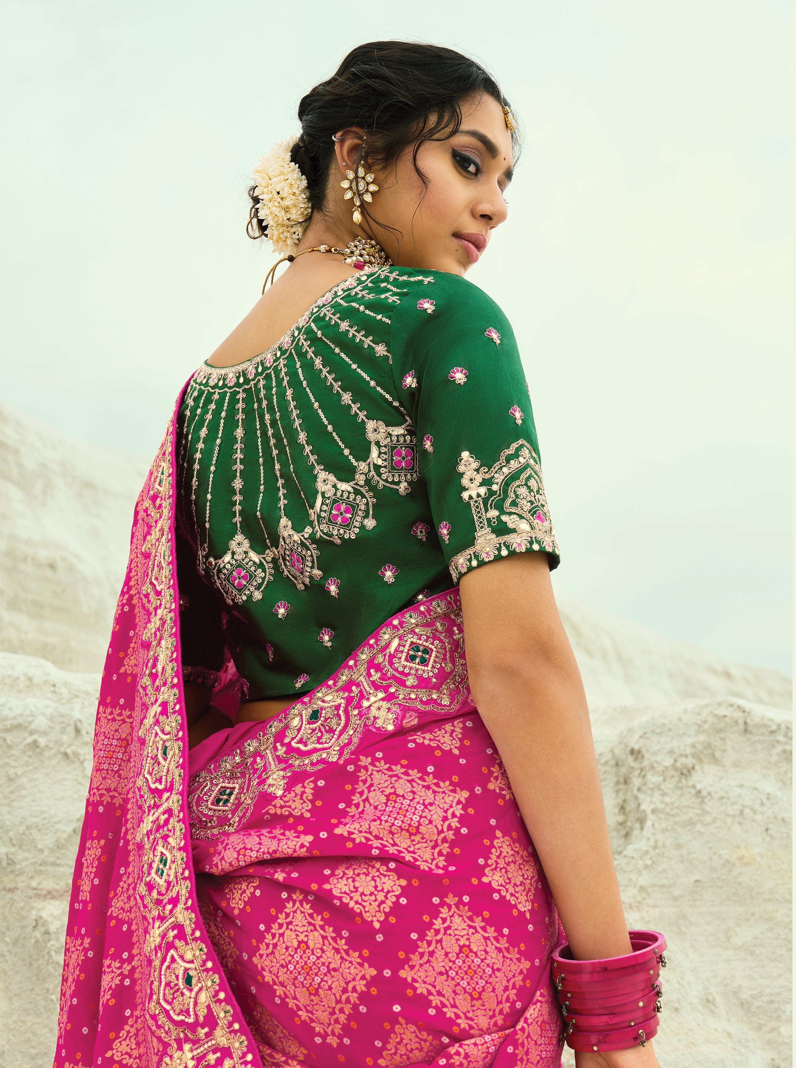 Rani Pink Embroidered Georgette Bandhej Designer Saree