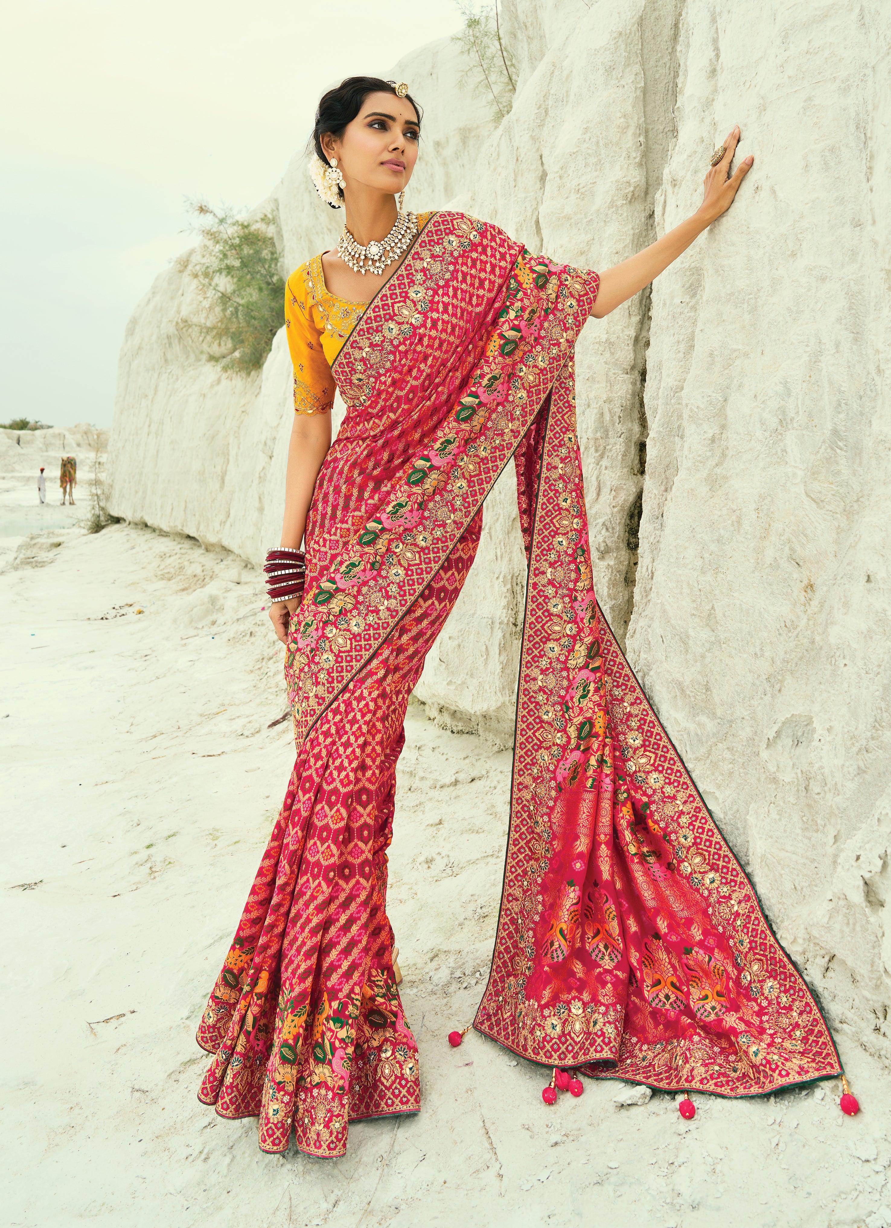 Rani Pink Embroidered Georgette Bandhej Designer Saree