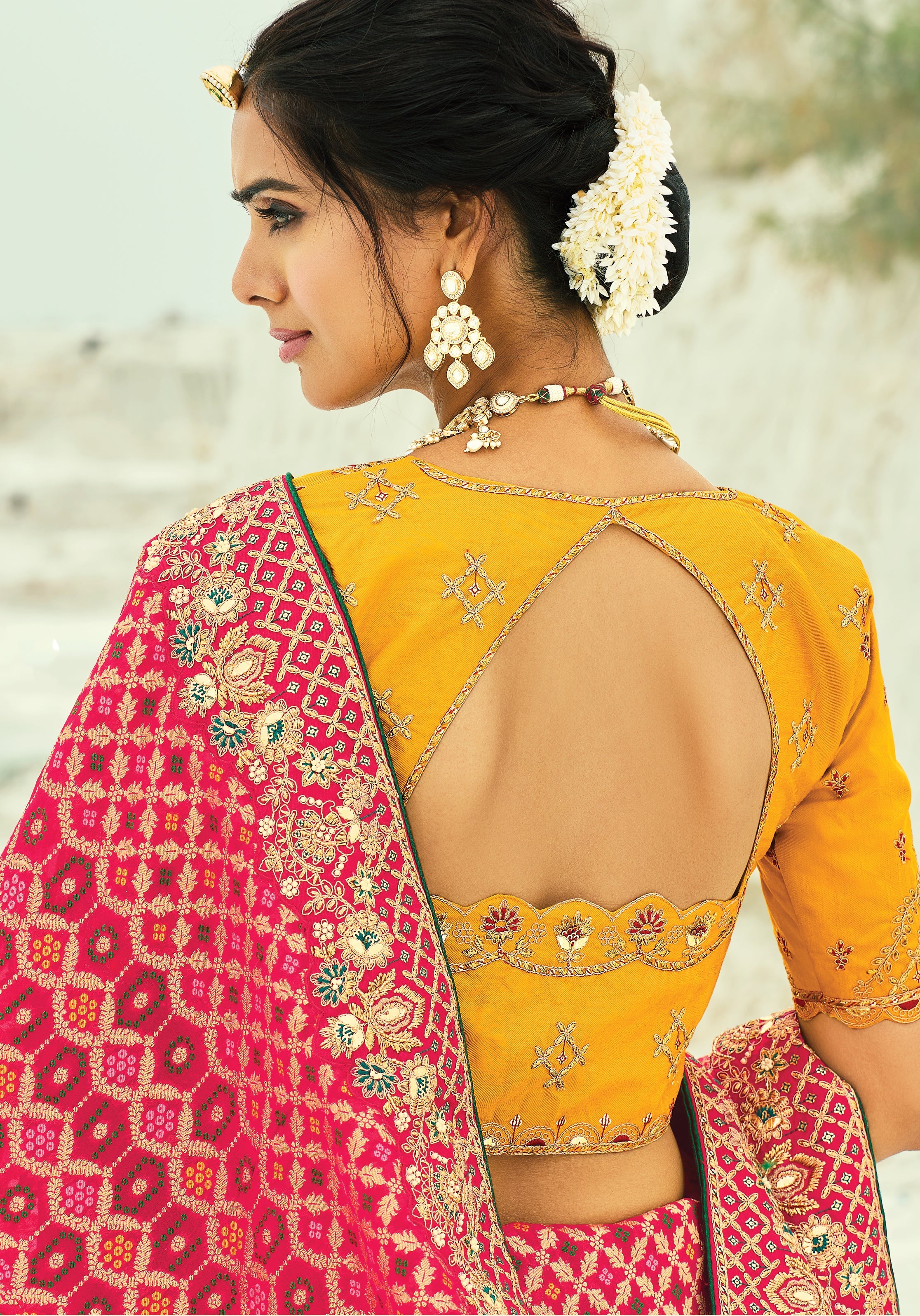 Rani Pink Embroidered Georgette Bandhej Designer Saree