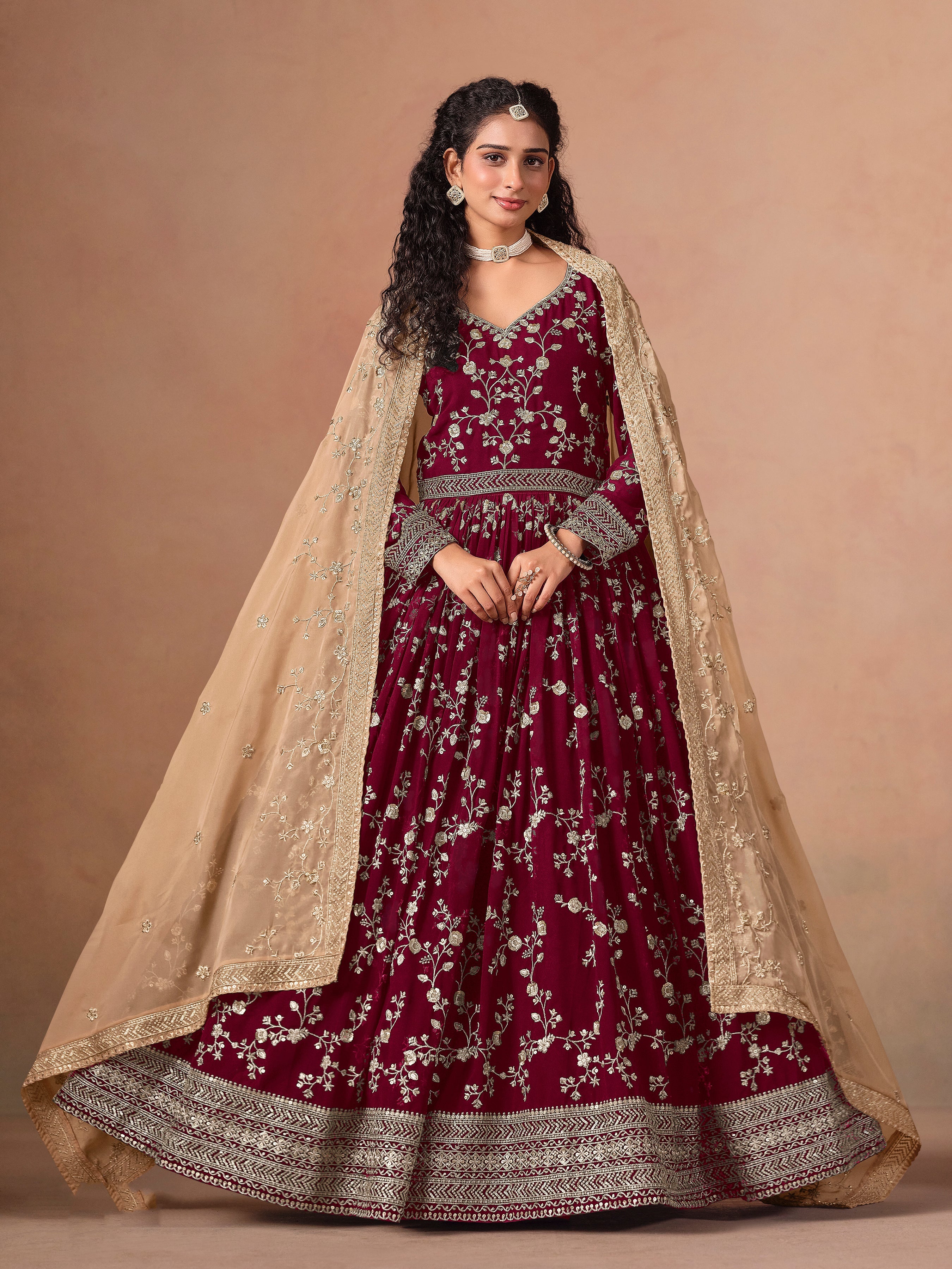 Rani Pink Georgette Heavy Embroidered work Anarkali Suit