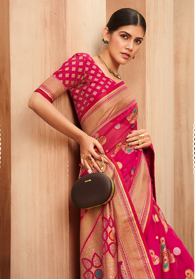 Rani Pink Georgette Weaving Work Saree